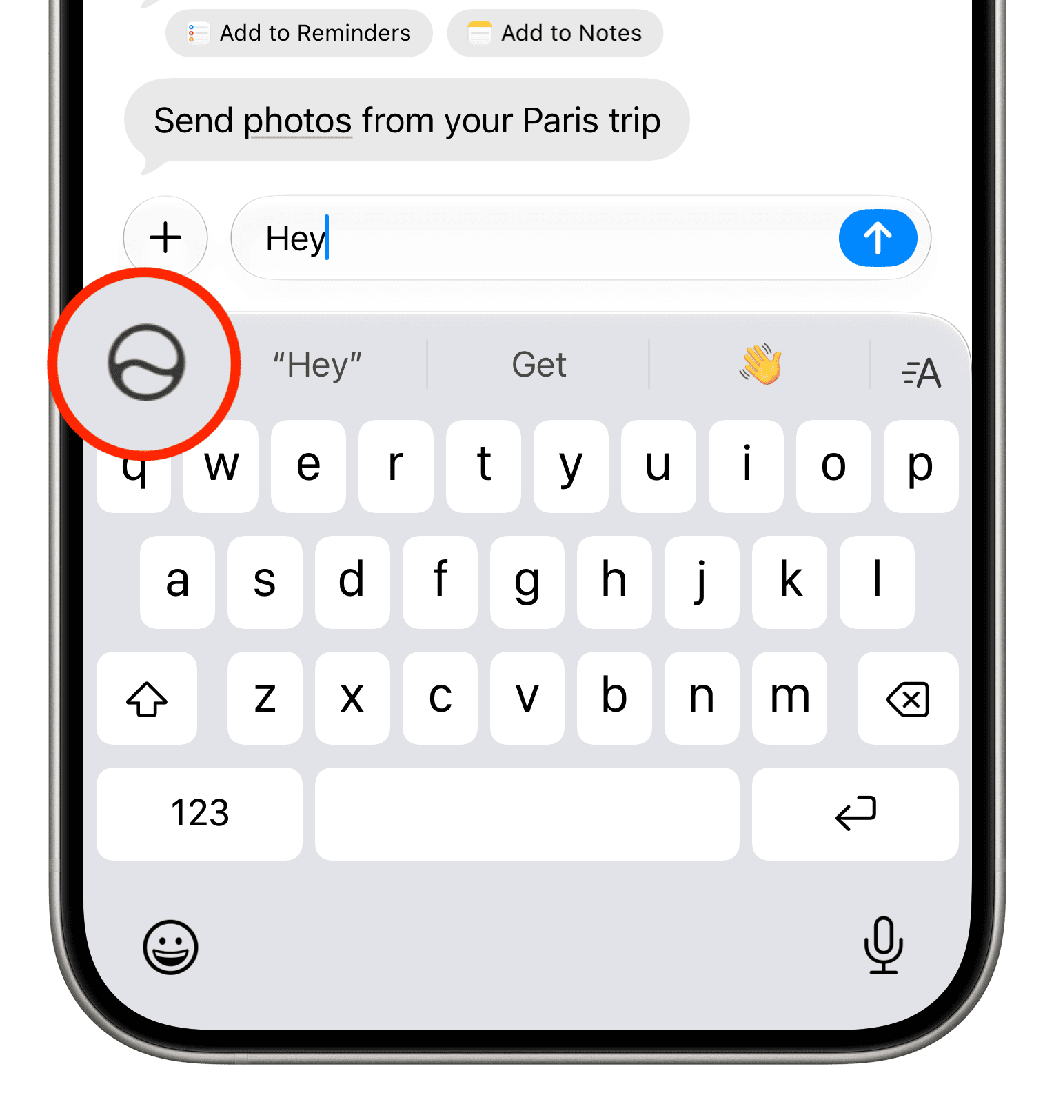 Siri icon in corner of iOS 27 keyboard on iPhone