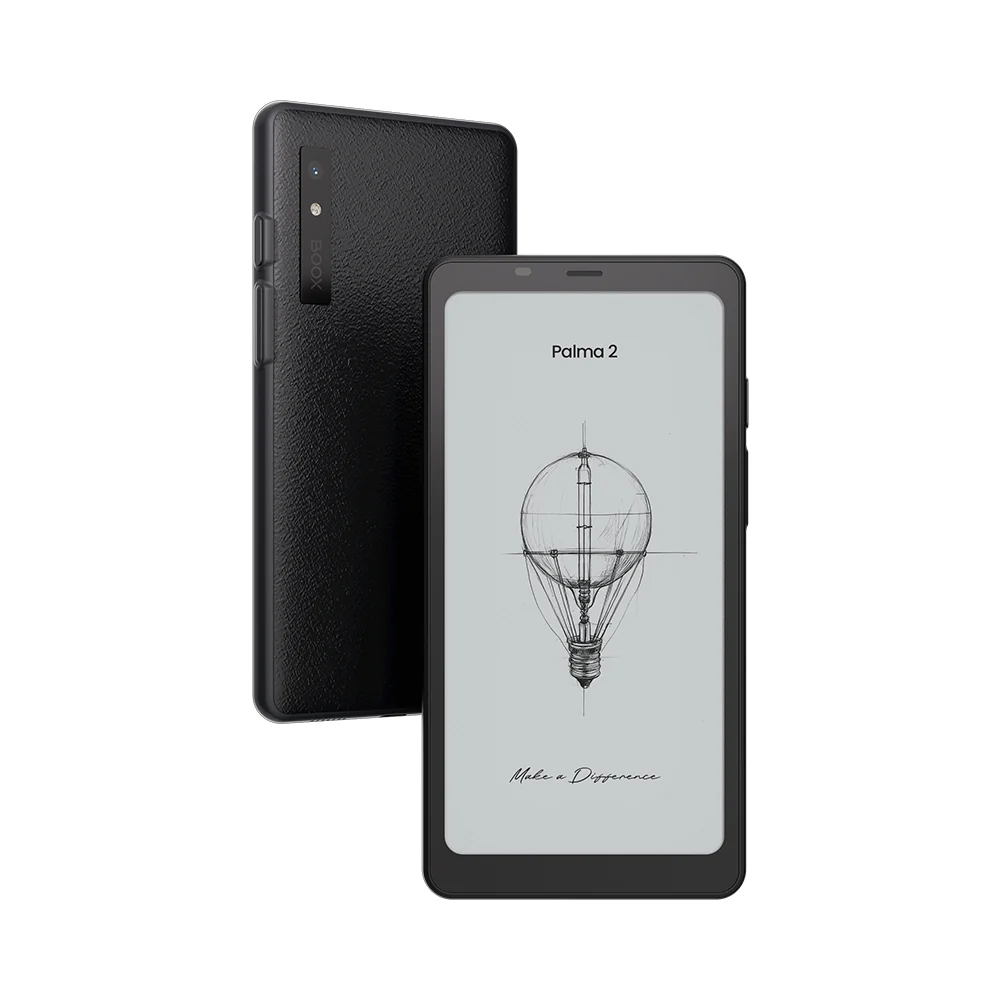 Render of the Boox Palma 2 from a front and rear view against a white background.
