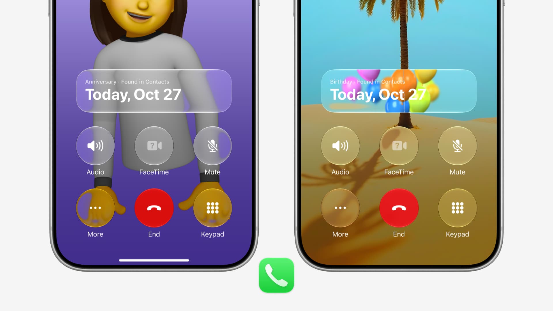 Anniversary and birthday cards on phone call screen on iPhone