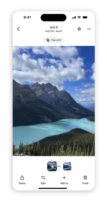 Google Photos redesigned photo view with Photo Stack