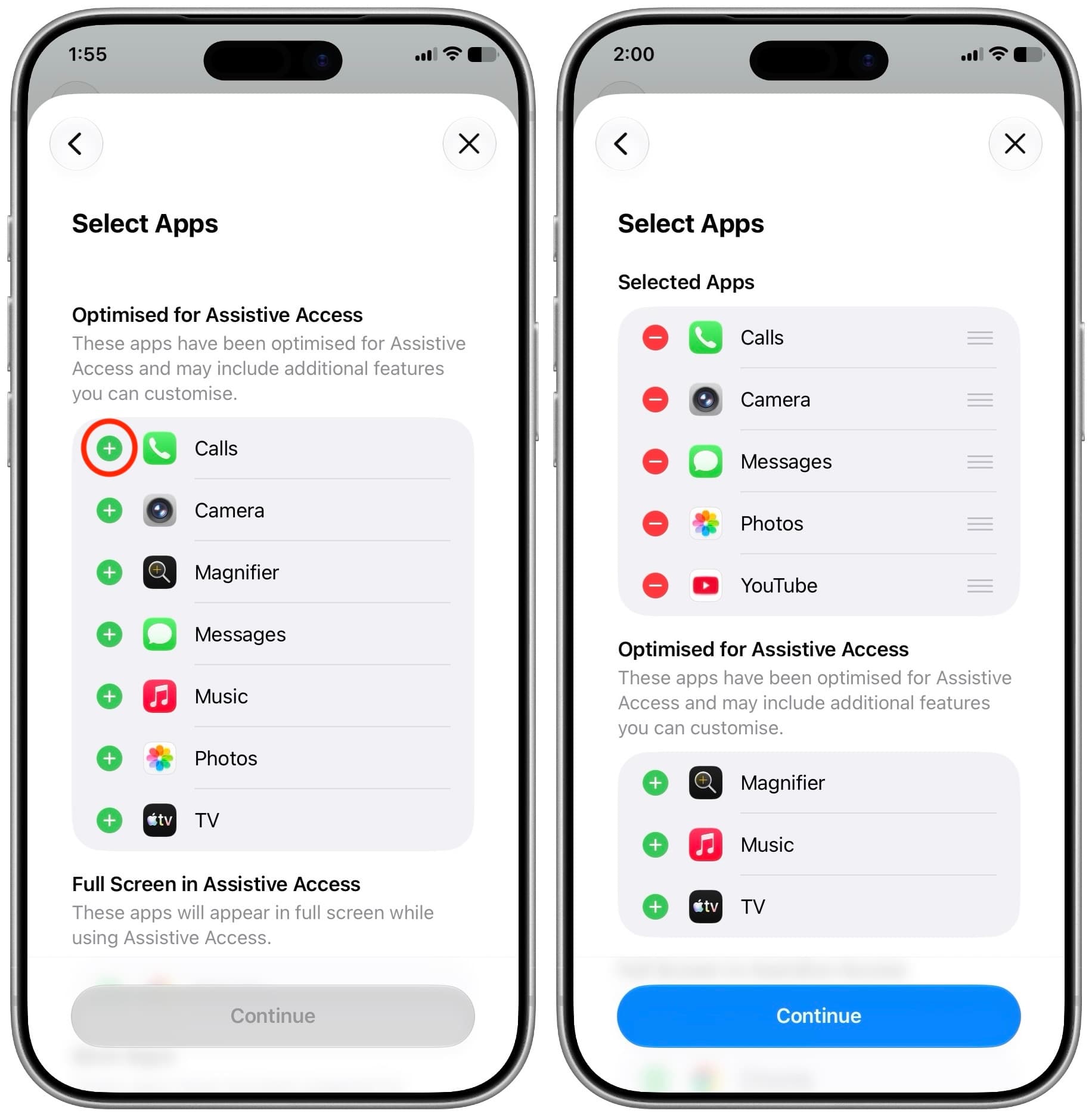 Adding apps for Assistive Access on iPhone