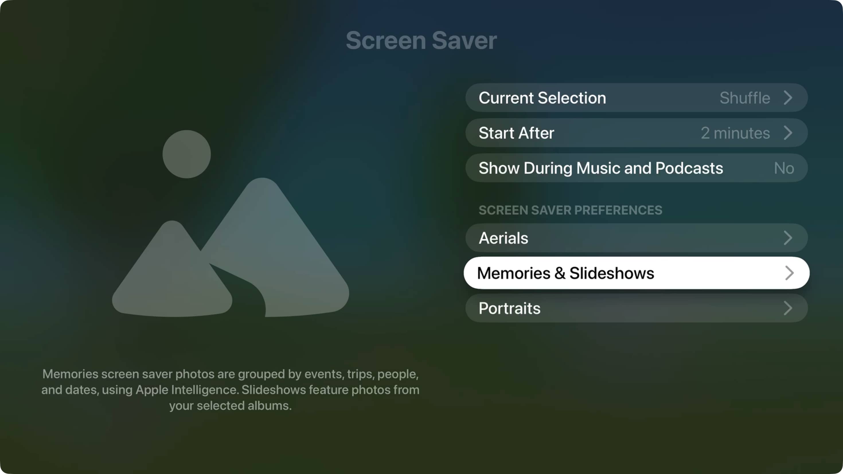 Memories and Slideshows screen saver highlighted in Apple TV settings