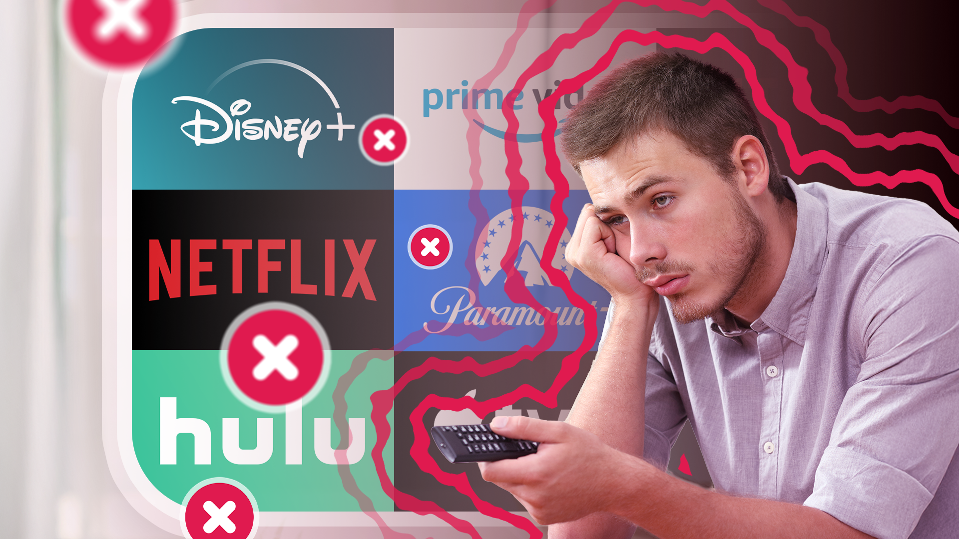 A tired man holding a TV remote, with logos of various streaming services in the background and 'X' marks around them.