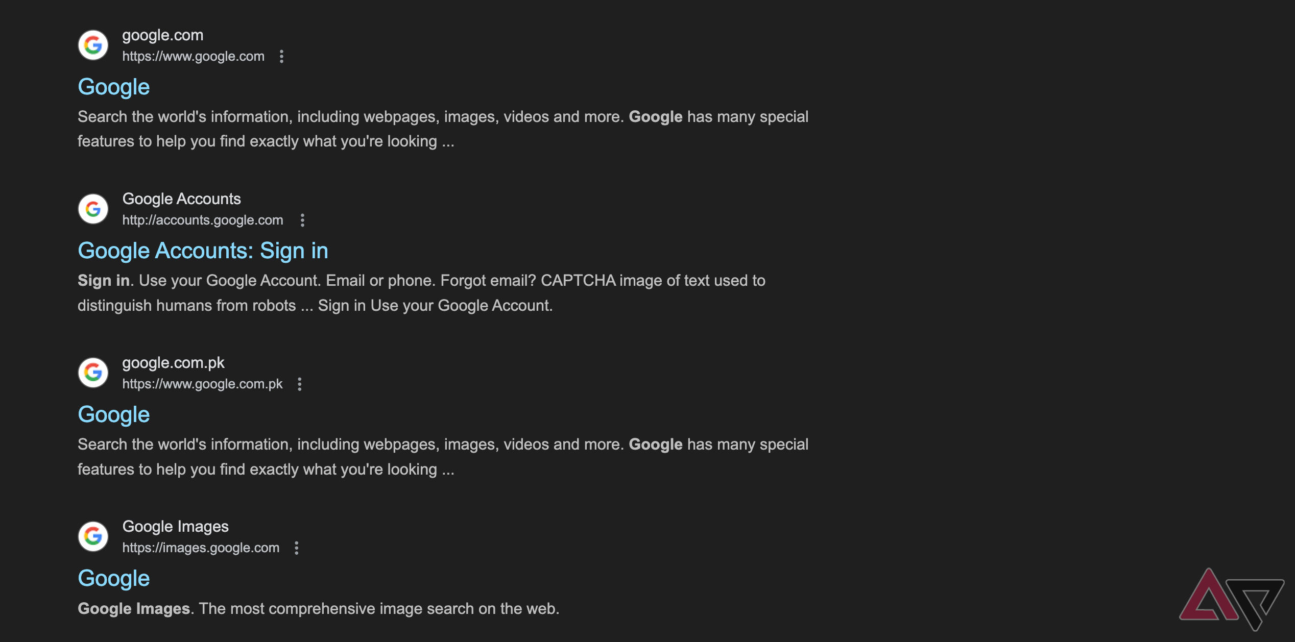 Google search results showing old logo