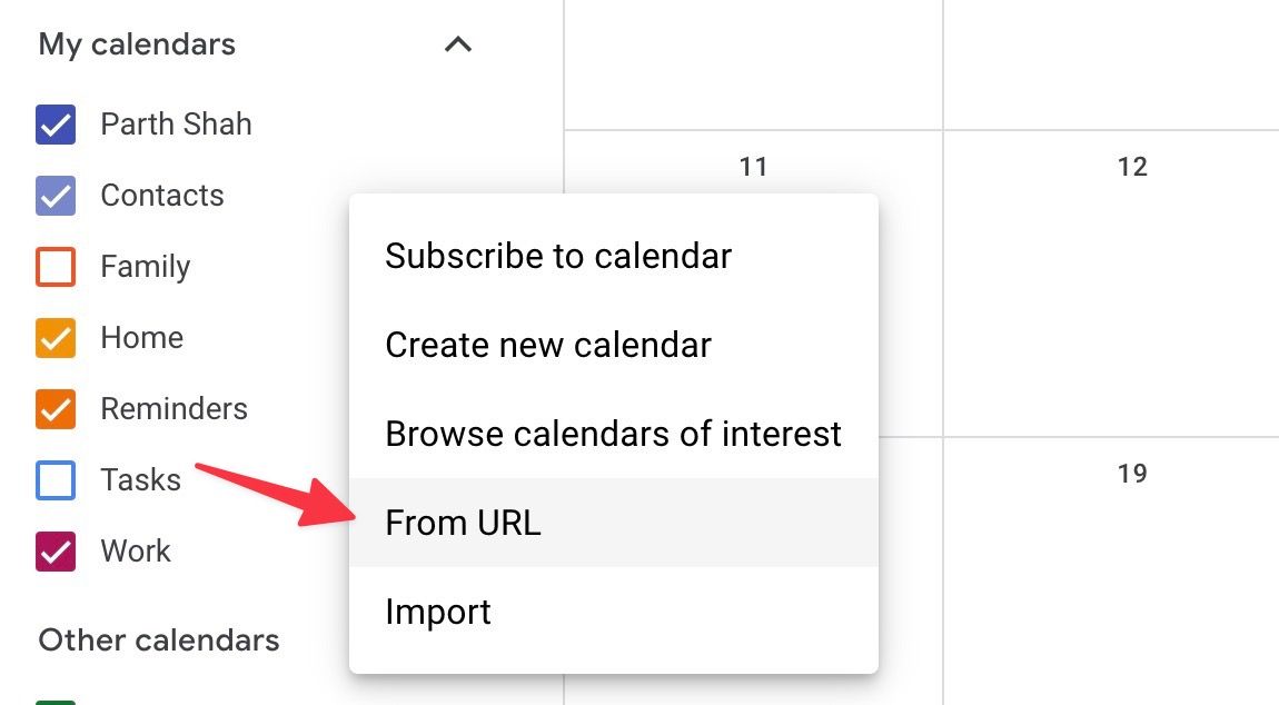 Red arrow pointing to the From URL option in popup menu on Google Calendar