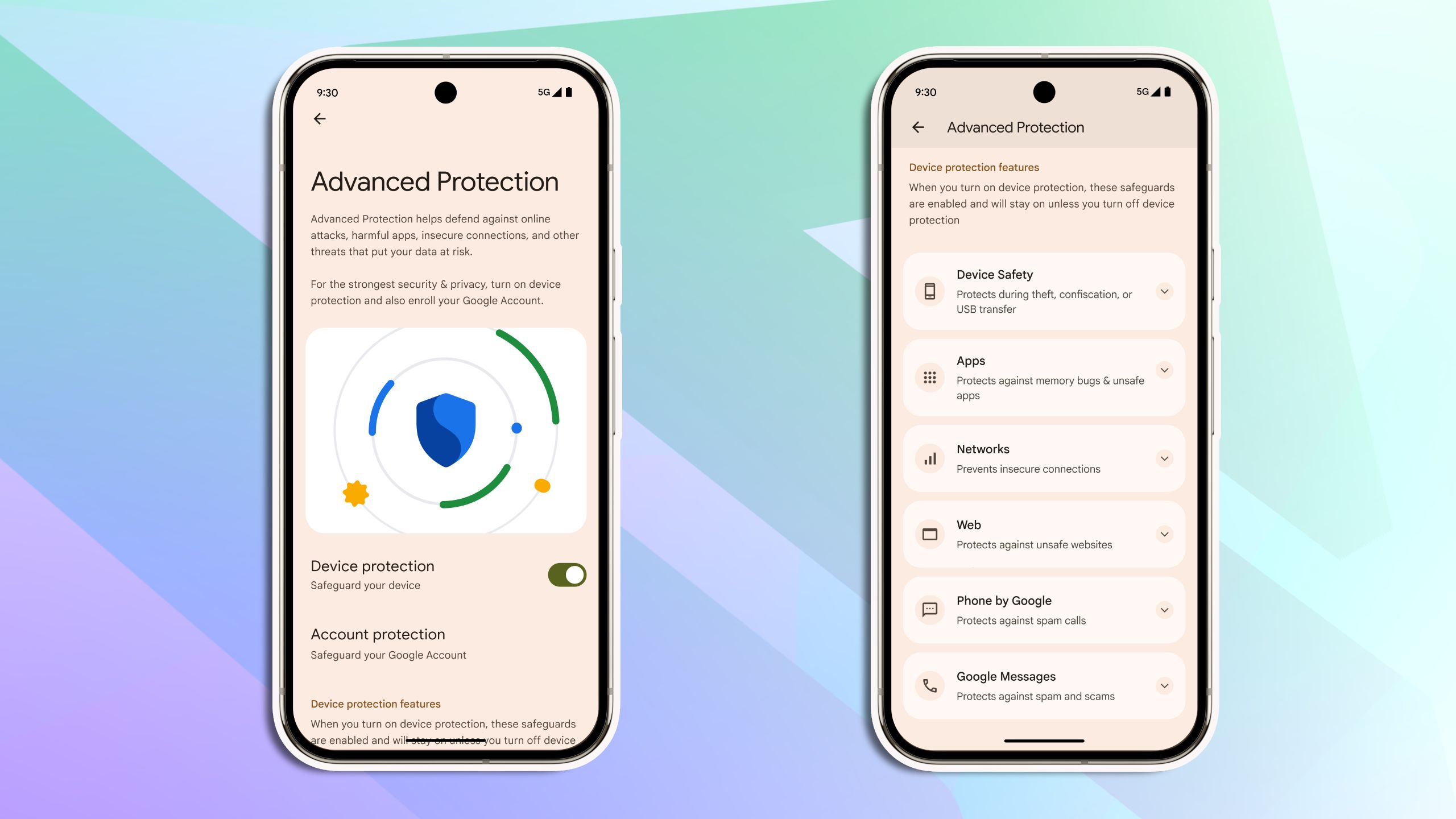 Screenshots of Android 16's Advanced Protection settings.