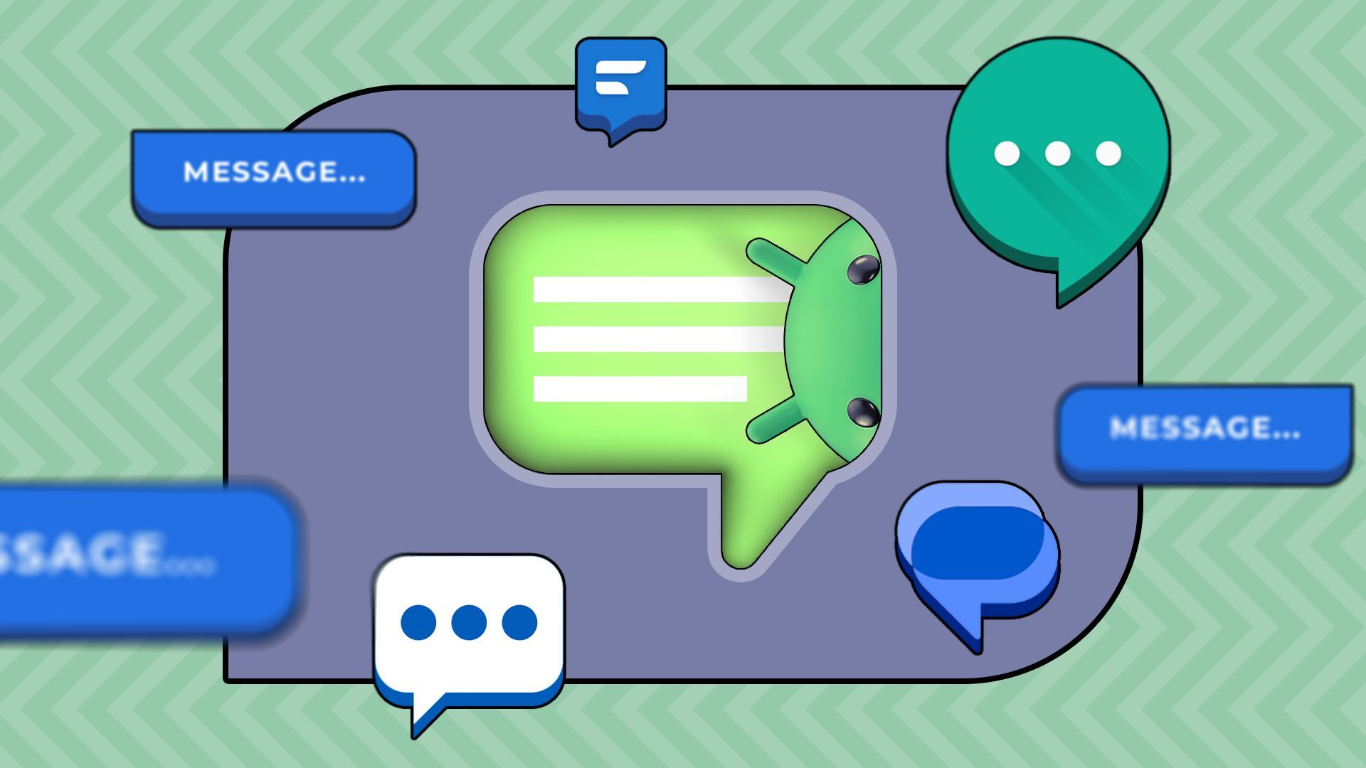 Illustration of a message icon with the Android mascot and some messaging app logos around it