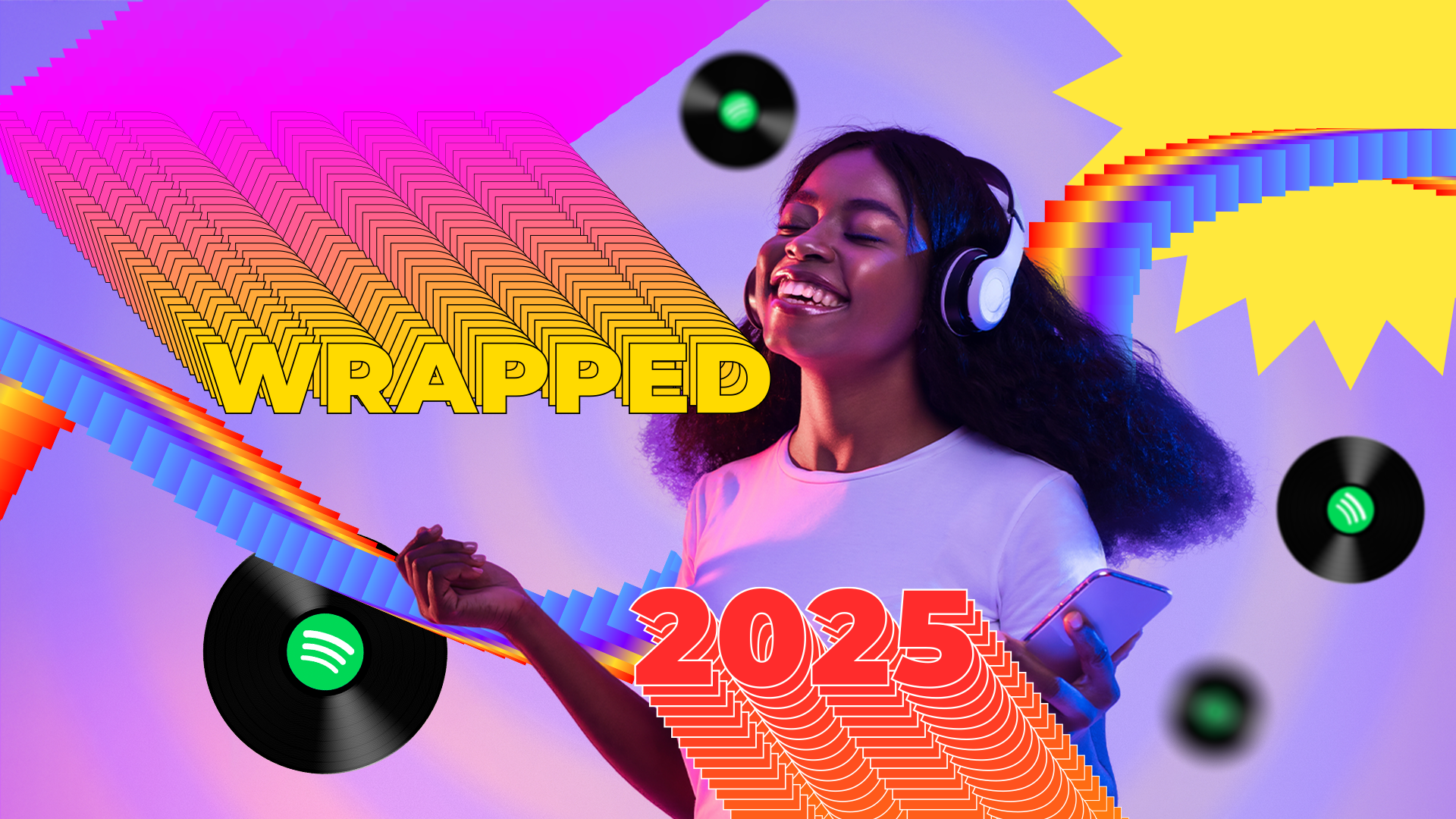 A happy woman listening to music with headphones, with 'Wrapped 2025' in the center and geometric shapes around.