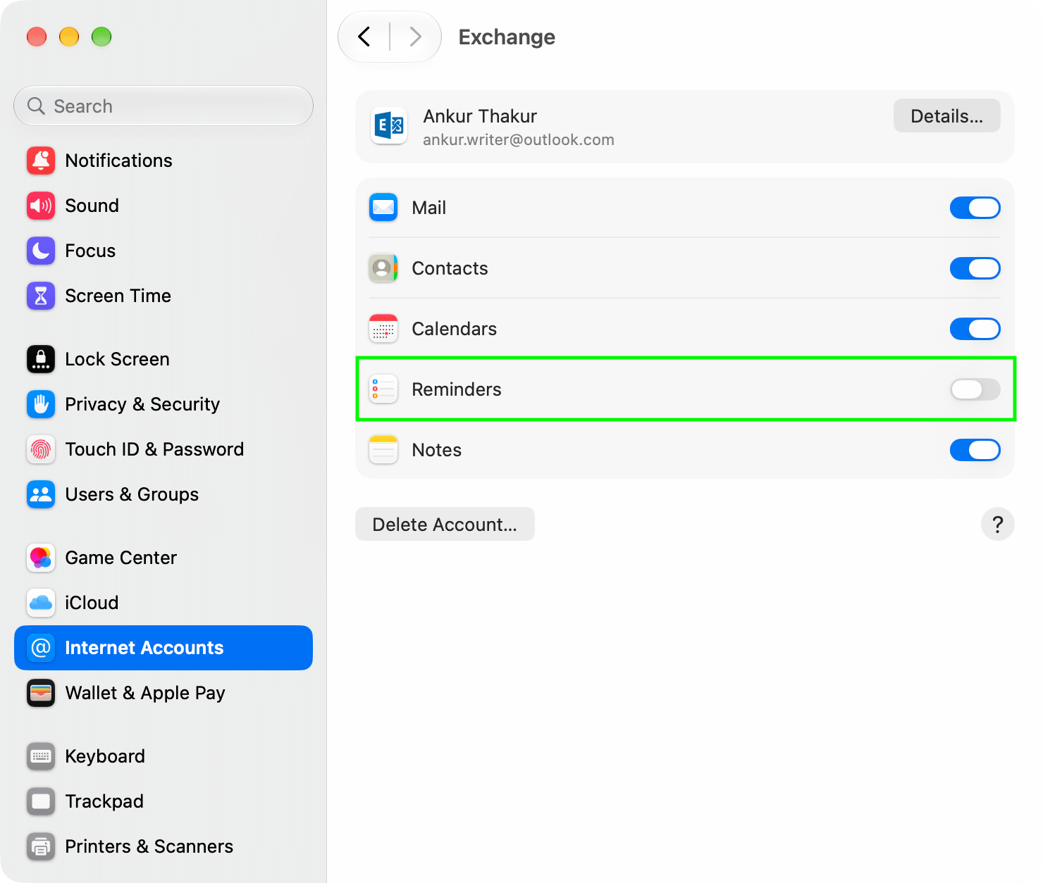 Turn off Reminders sync for Outlook account on Mac
