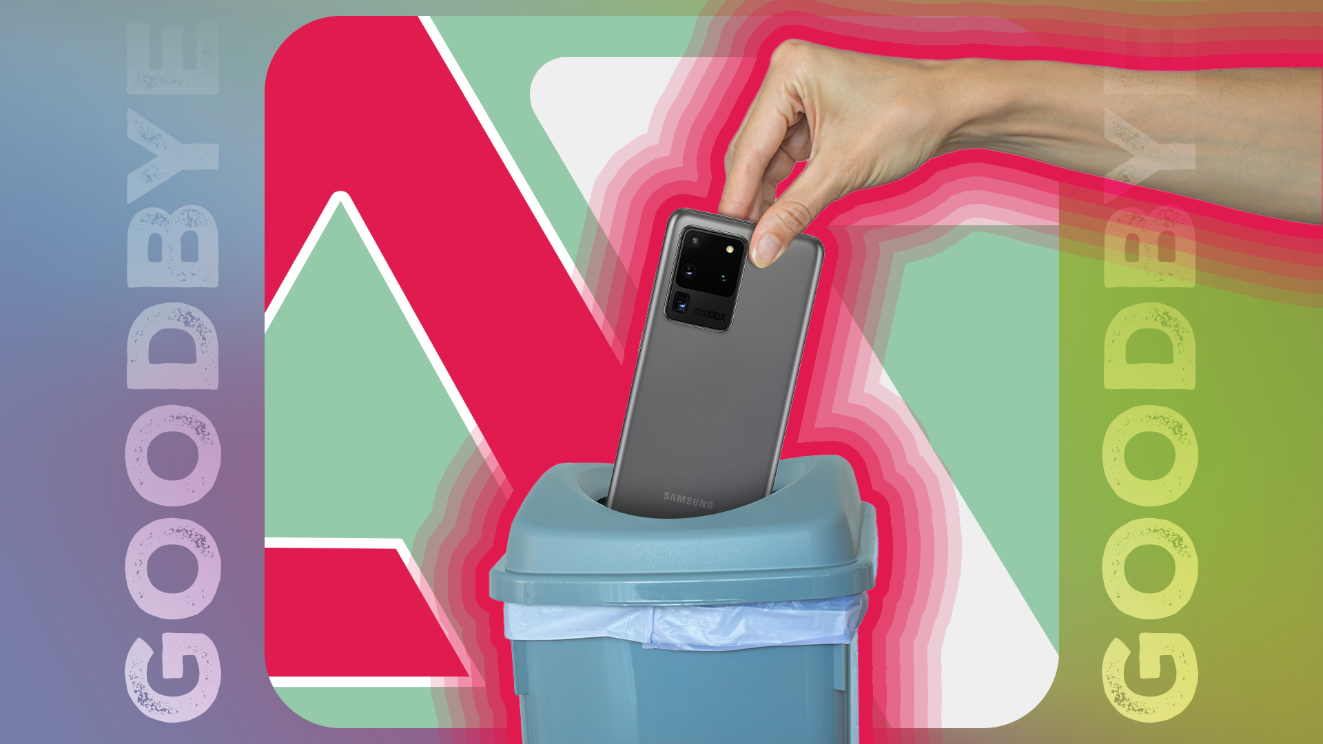 A hand throwing a Galaxy S20 Ultra into the trash