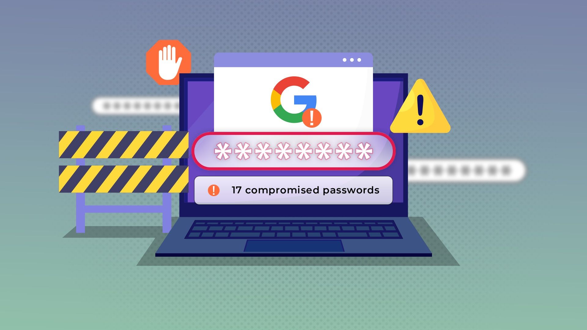 A graphic depicting a laptop alerting a user to compromised passwords