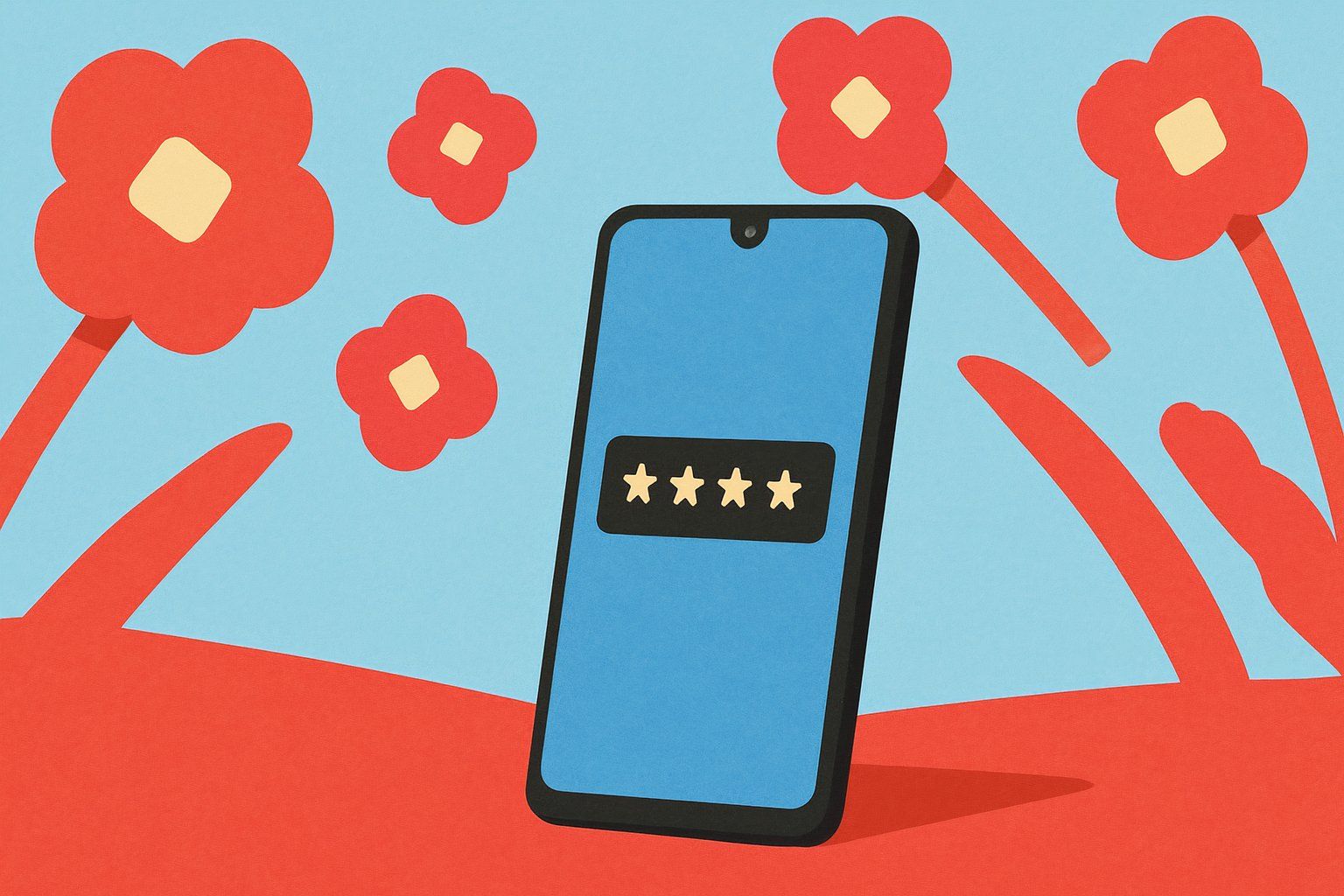An illustration of a phone with a password field in view surrounded by red flowers