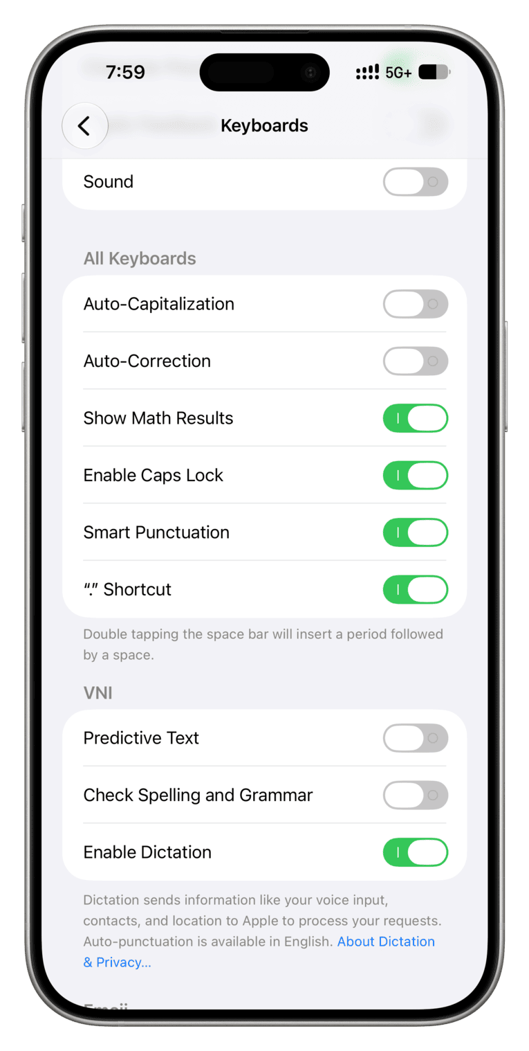 Turning off Predictive Text for Vietnamese keyboard on iPhone