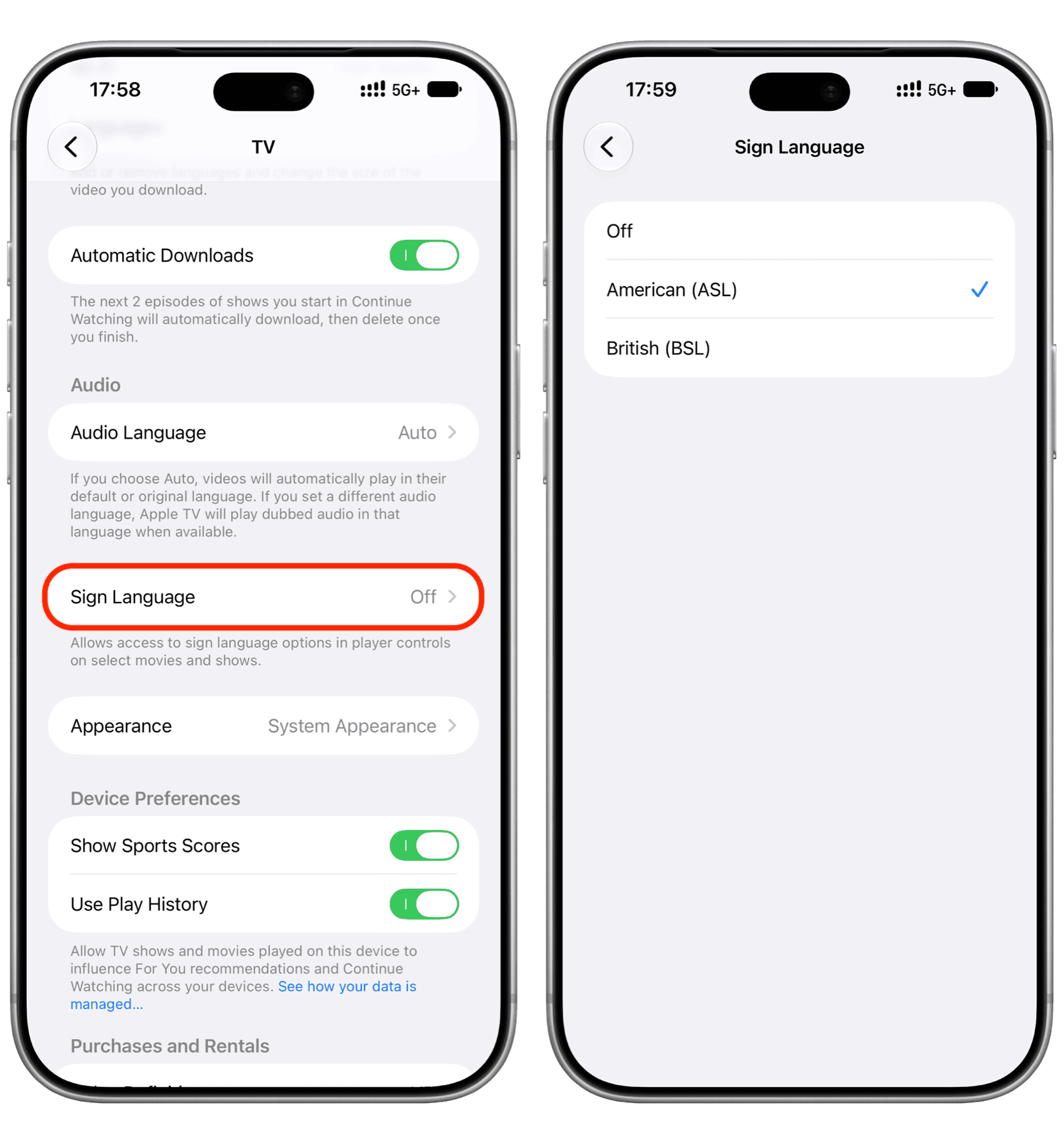 Turn on Sign Language in Apple TV settings on iPhone