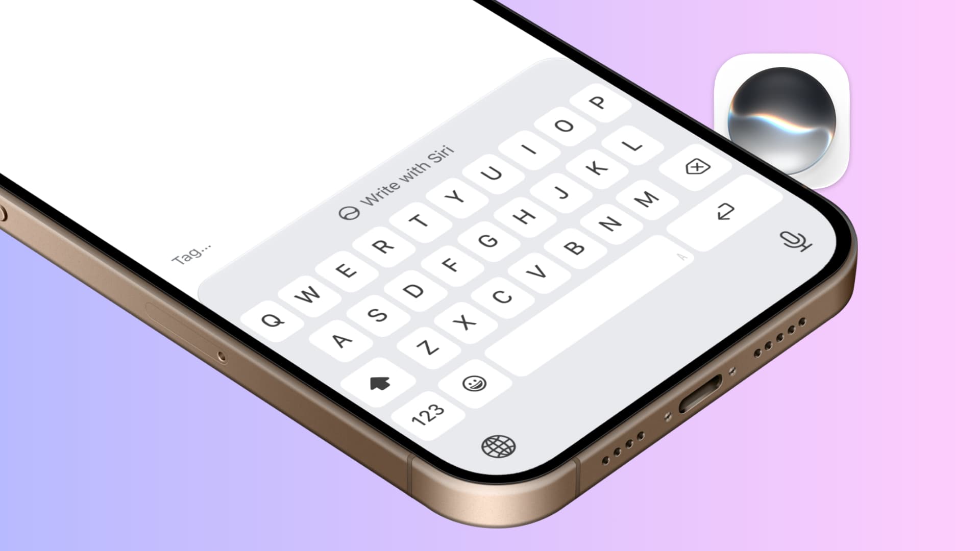 Write with Siri above iPhone keyboard with new Siri icon near it