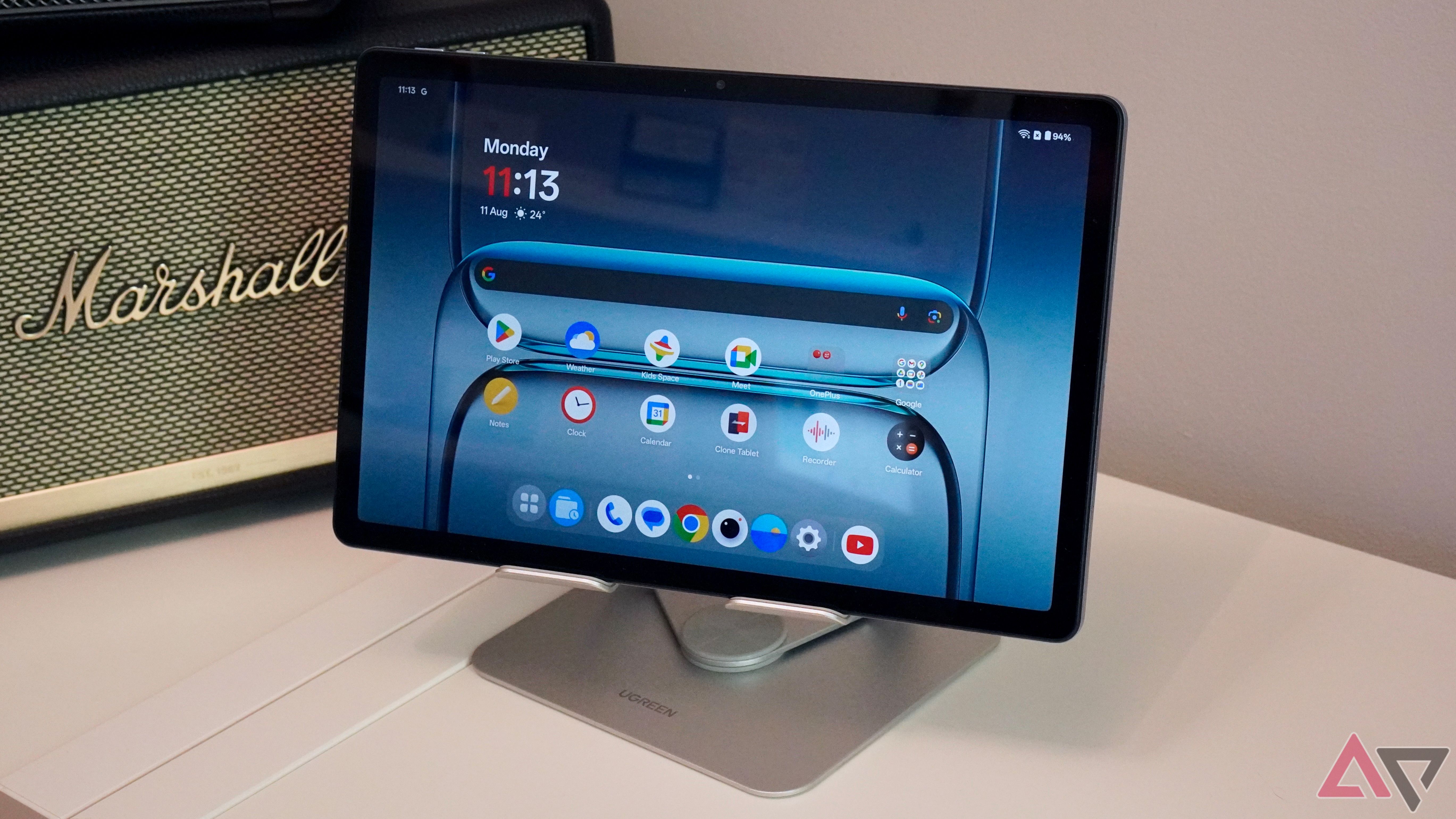The OnePlus Pad Lite on the Ugreen Tablet Stand Holder, in landscape orientation