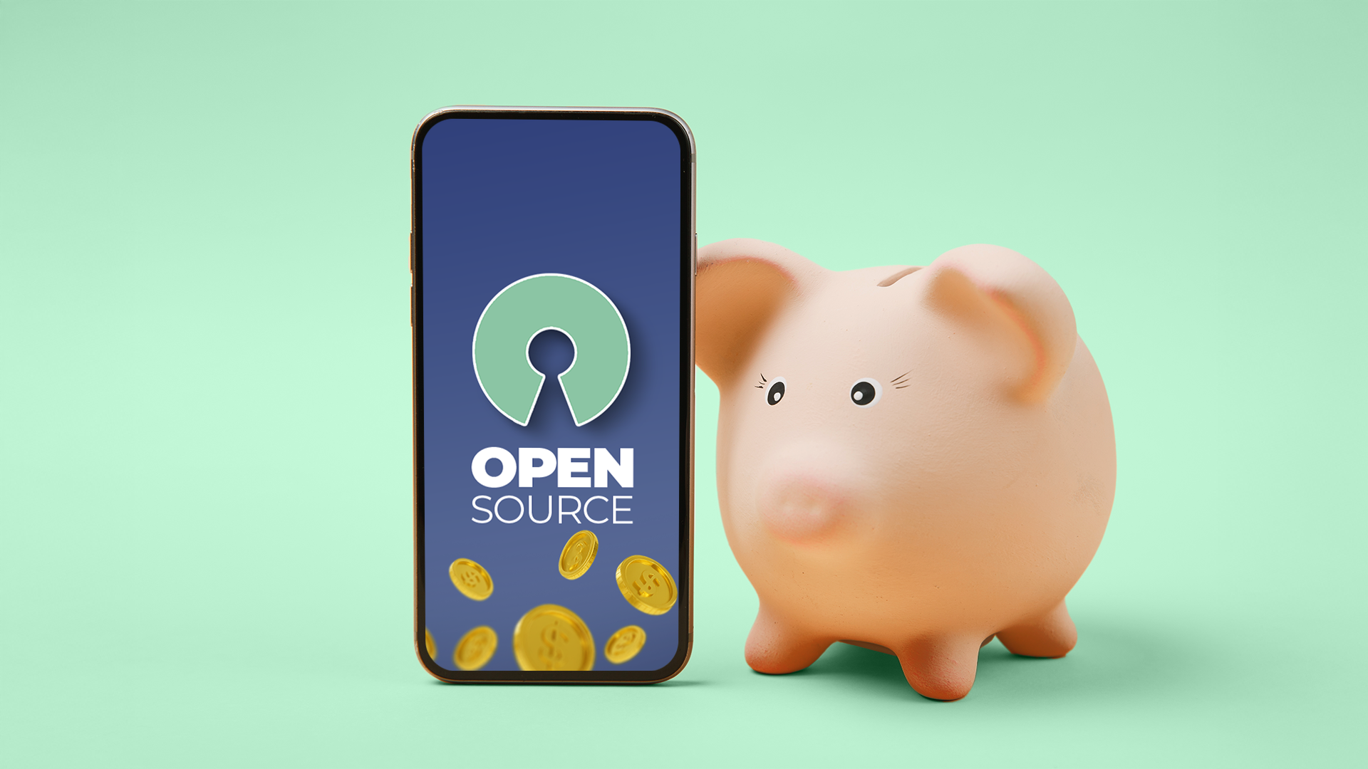 A piggy bank beside a smartphone displaying an open source icon, with gold coins scattered around.