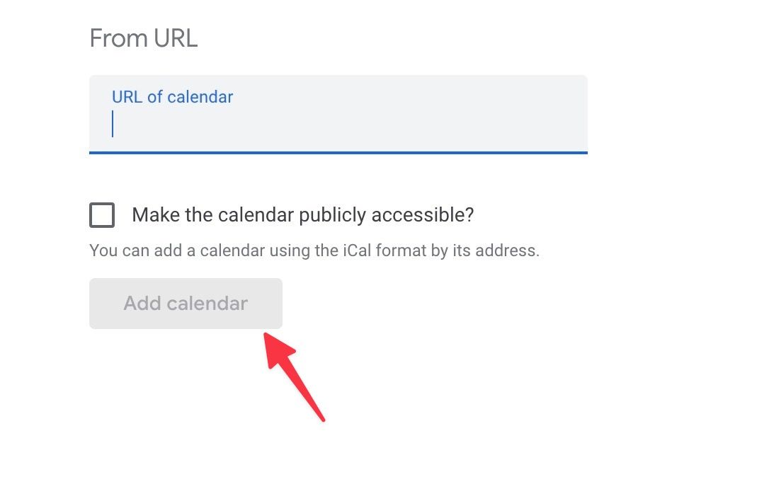 Red arrow pointing to Add calendar option in Google Calendar.