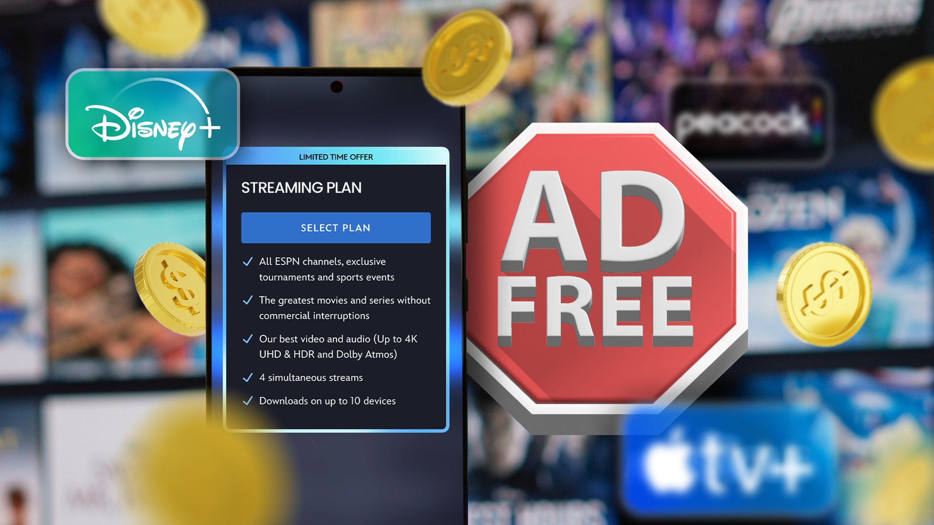 A smartphone with a streaming service plan selection screen, an 'ad-free' icon next to it, and several coins around.