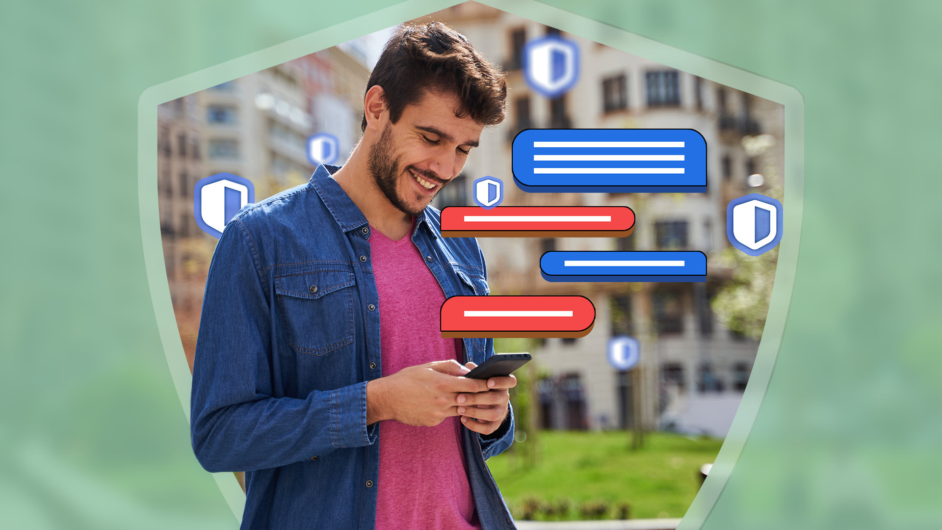 A man messaging on his phone with shield icons around him.
