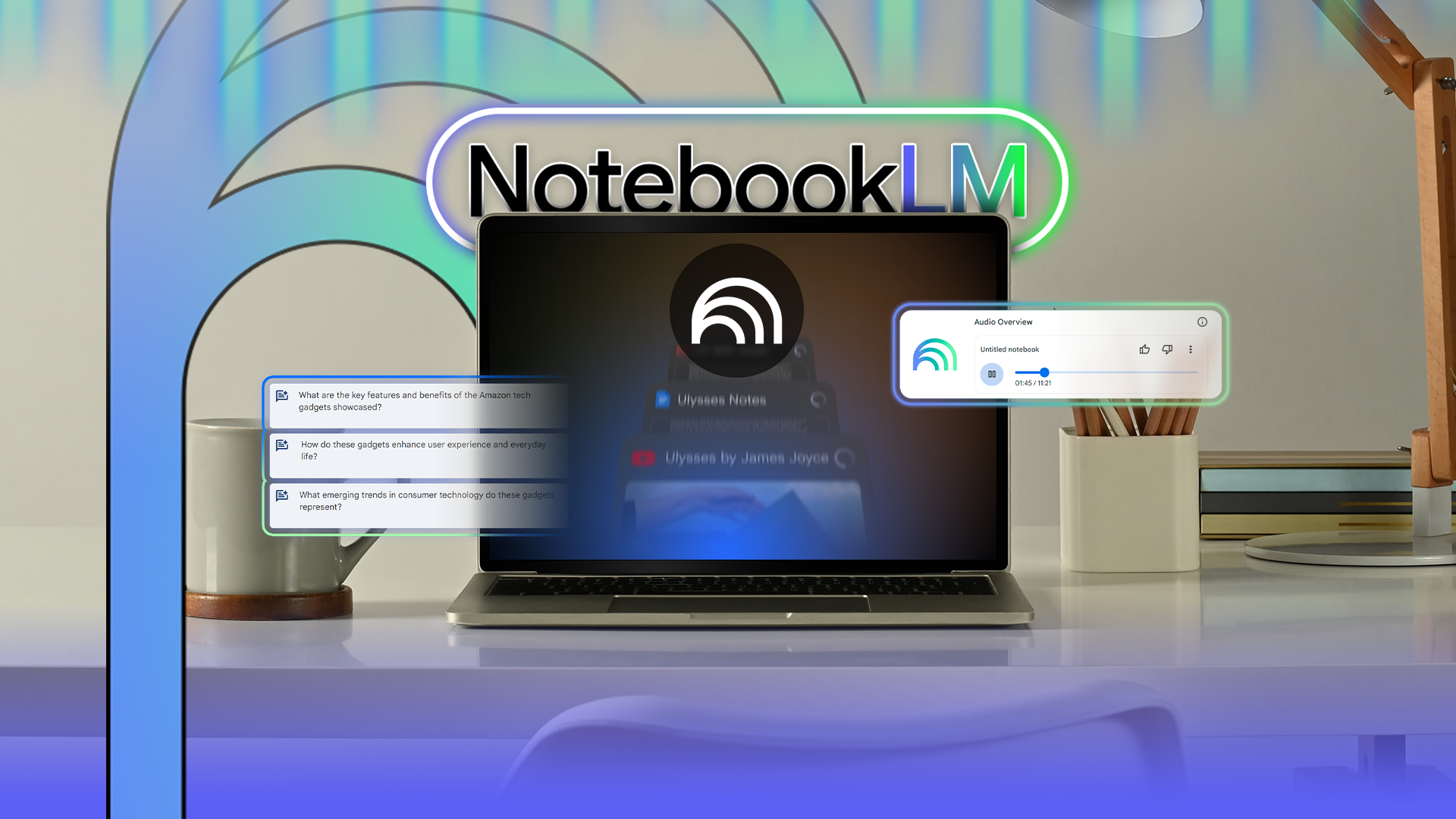Laptop on a desk displaying the NotebookLM interface, with floating elements showing notes, summaries, and audio overview features, set in a modern workspace.