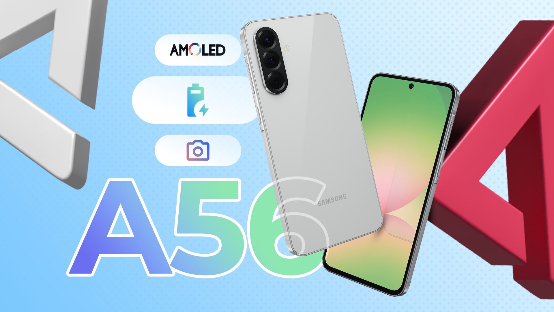 Samsung Galaxy A56 with some icons beside it