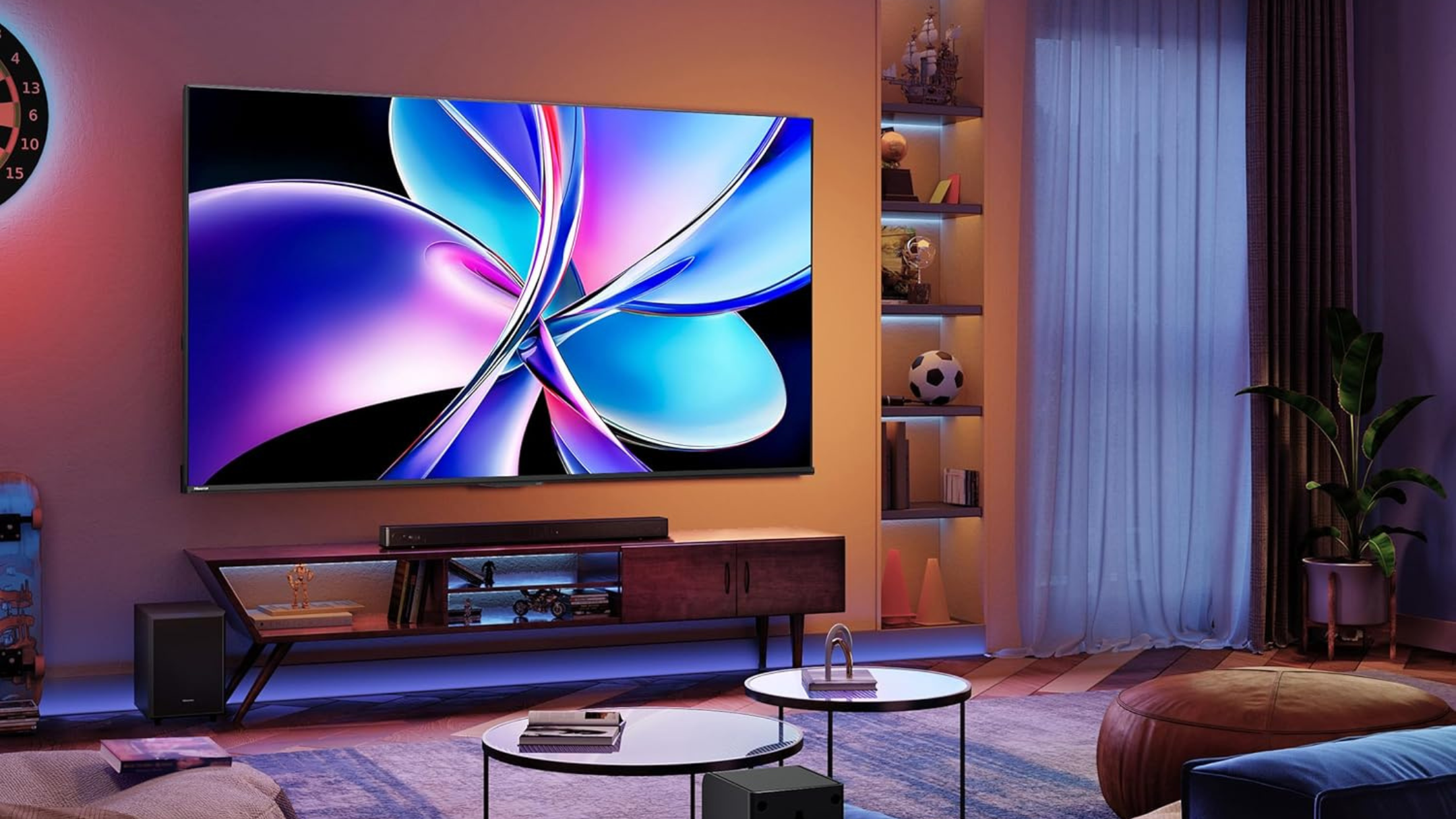 Hisense 85" Class QD7 Series Mini-LED 4K UHD Smart Fire TV in living room wall mounted