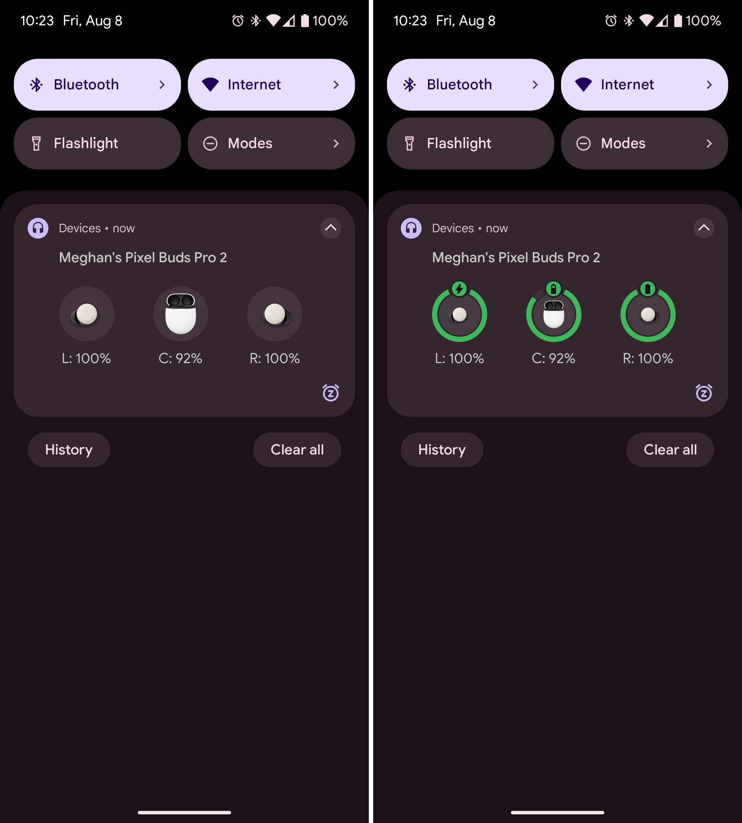 Screenshots highlighting the old and new look of the connected devices notification.