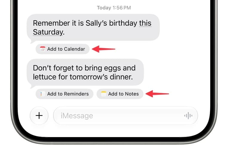 Buttons to add to reminders, notes, and calendar in iOS 27 Messages app
