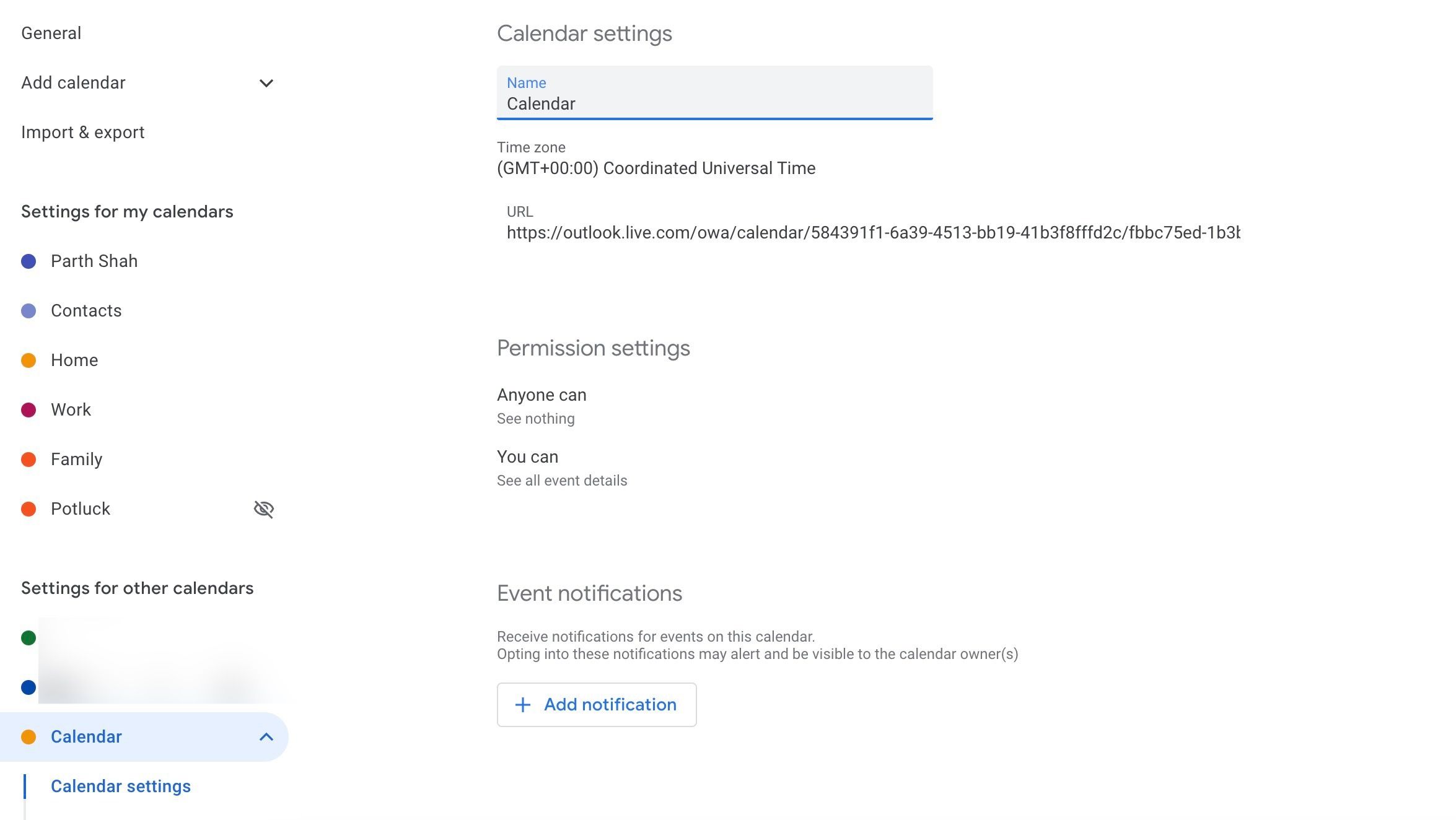 Opened Google Calendar settings showing options