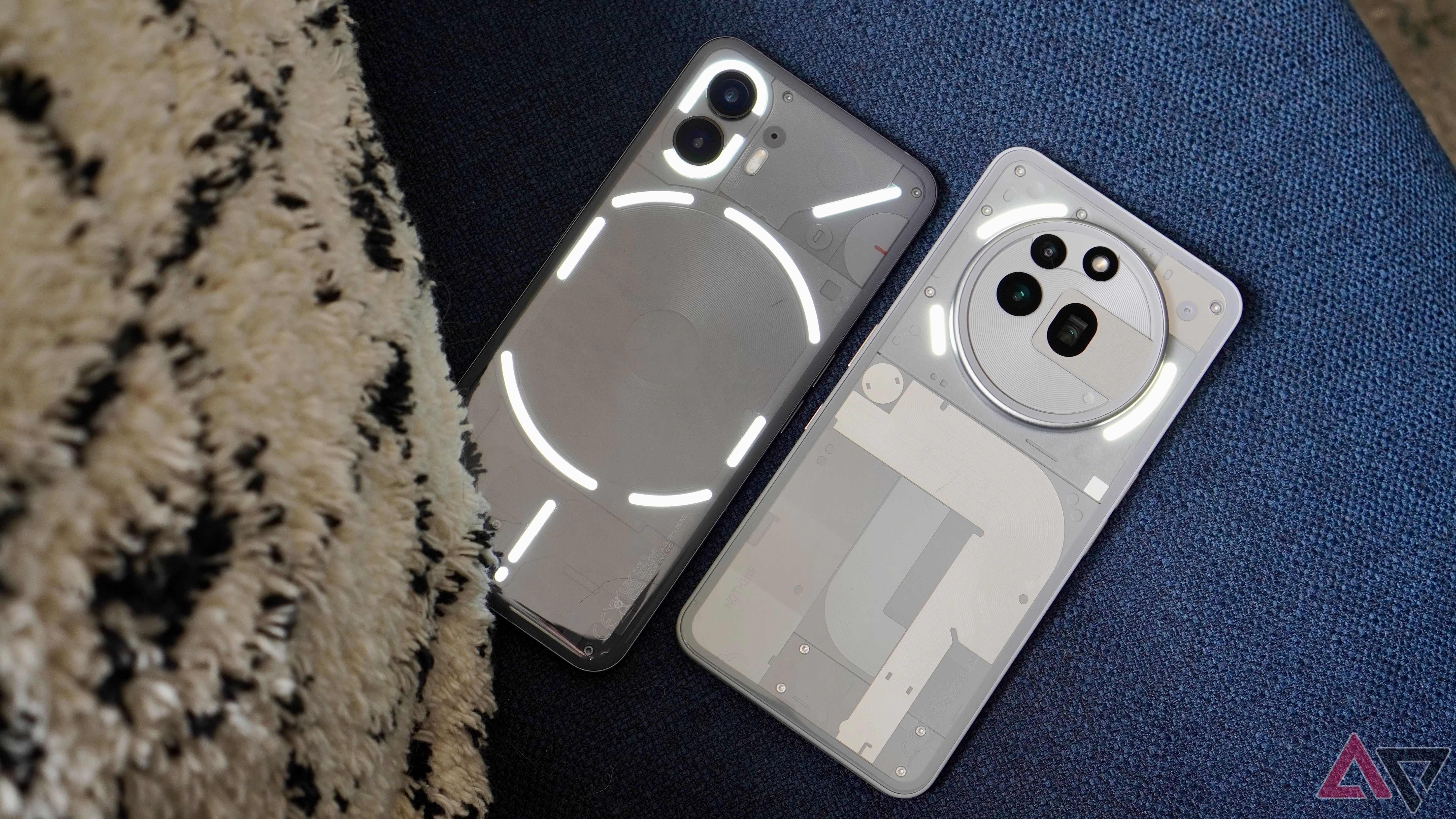 The Nothing Phone 2 and Nothing Phone 3a rear panels showing Glyph Interface lights