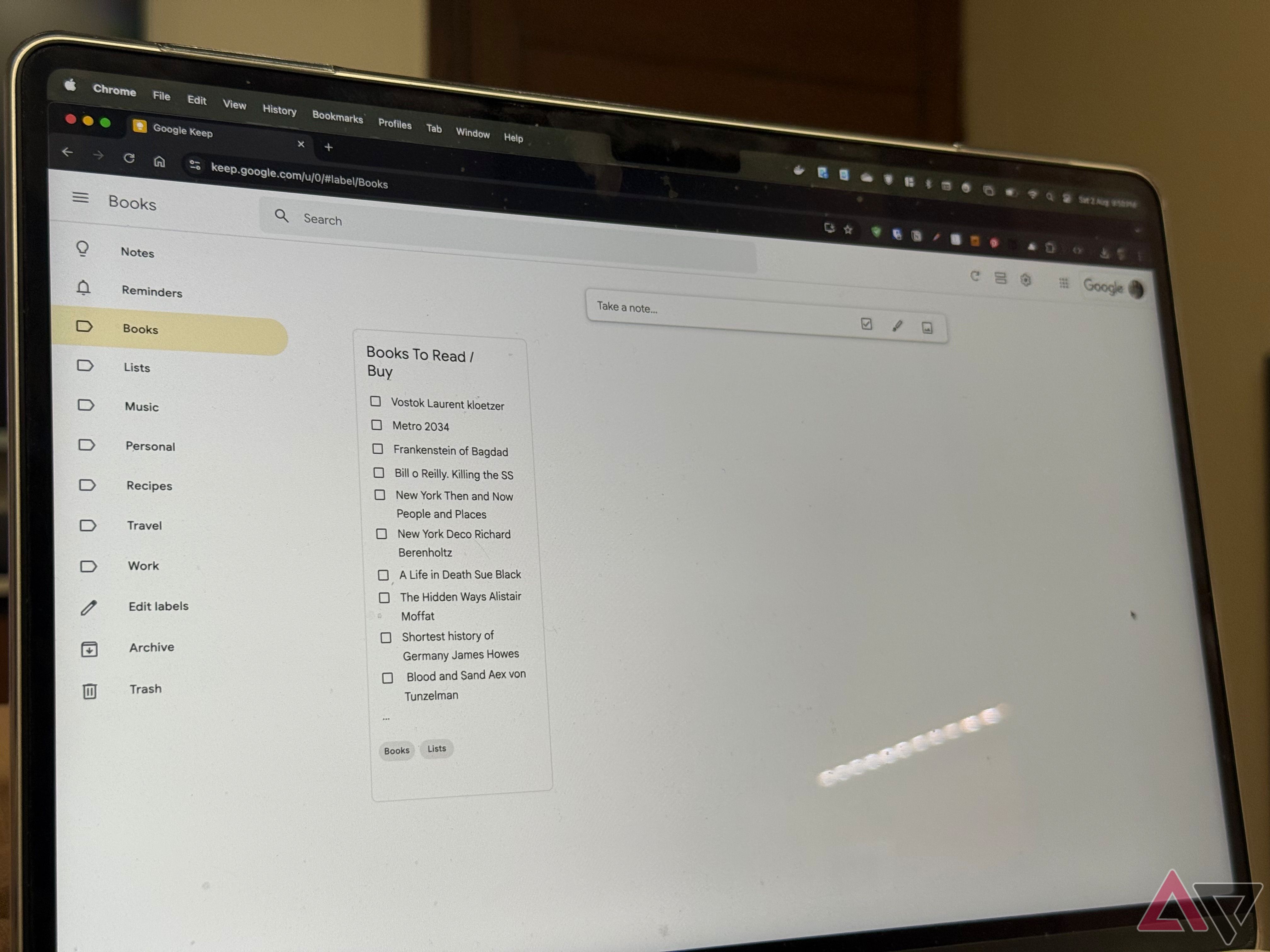 A laptop screen showing the Google Keep app being used on the web