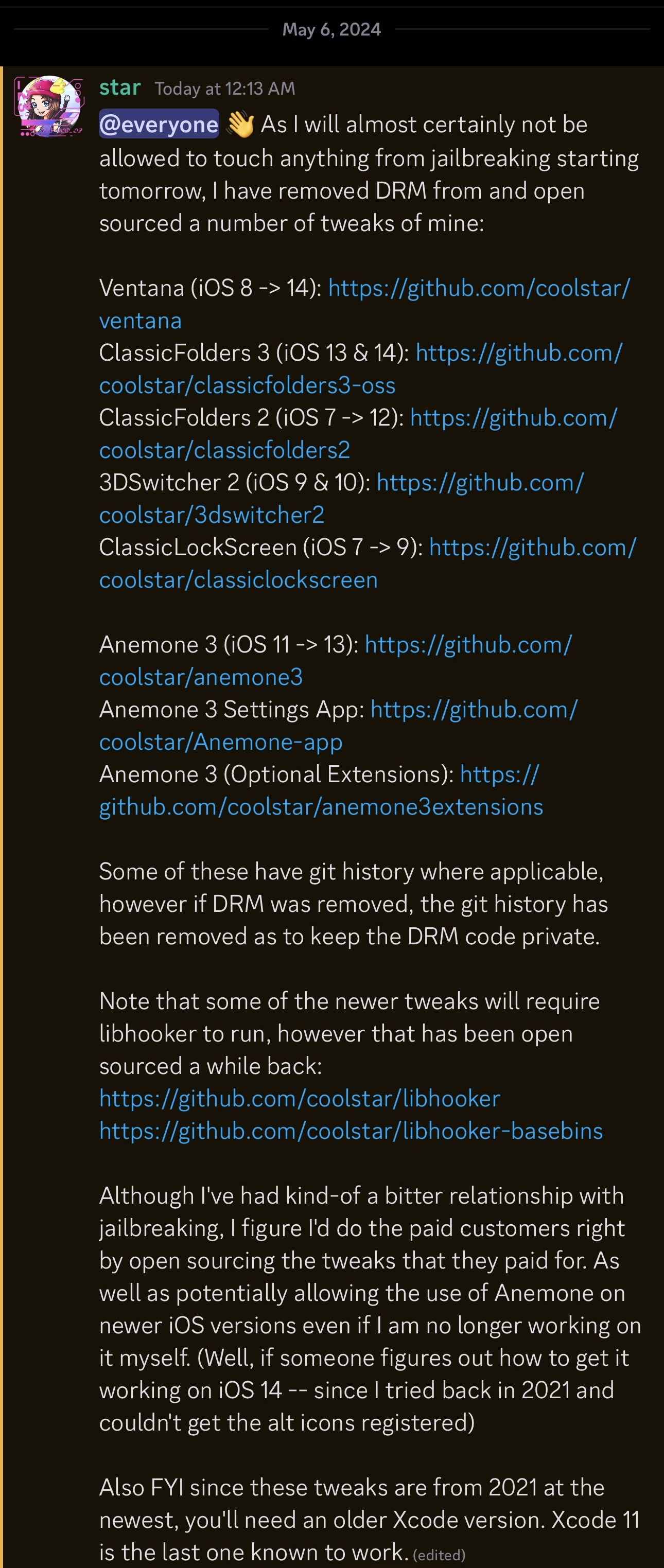 CoolStar announces open-sourcing paid tweaks without DRM.