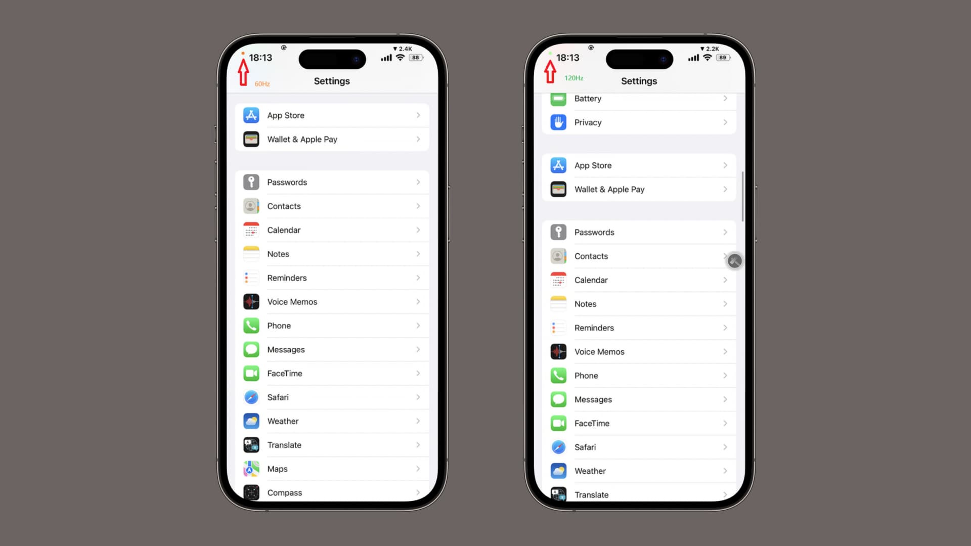 Dynamic120hz indicators showing display refresh rate speeds.