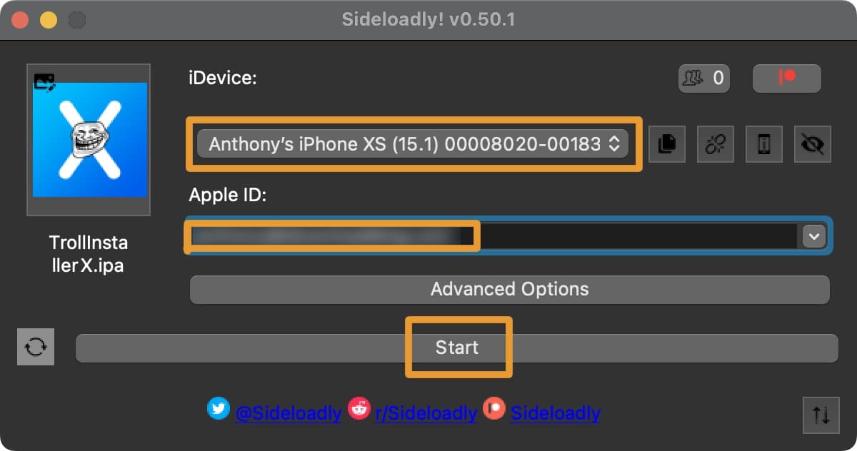 Enter Apple ID for using Sideloadly to install TrollInstallerX.