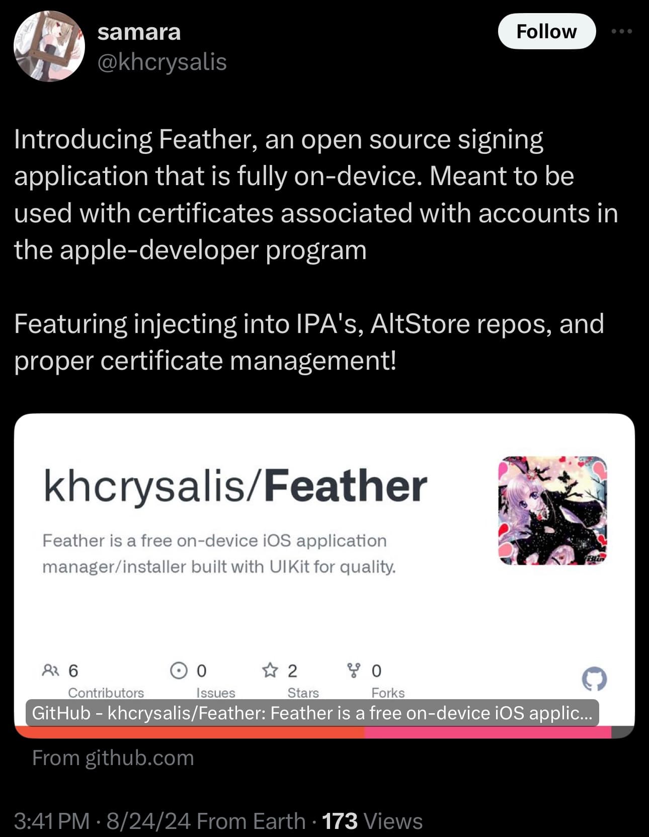 Feather announcement post on X.