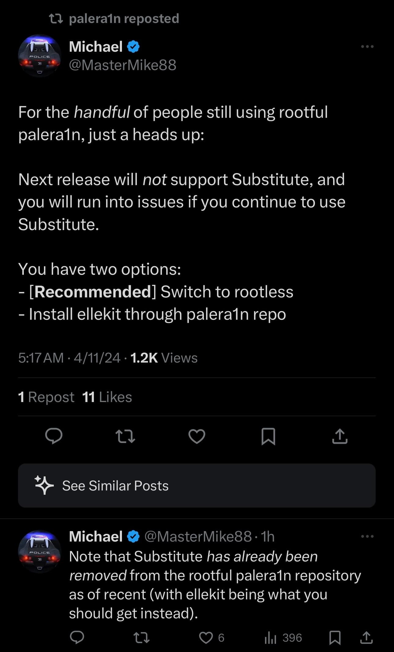 The rootful palera1n jailbreak will end support for Substitute tweak injection.