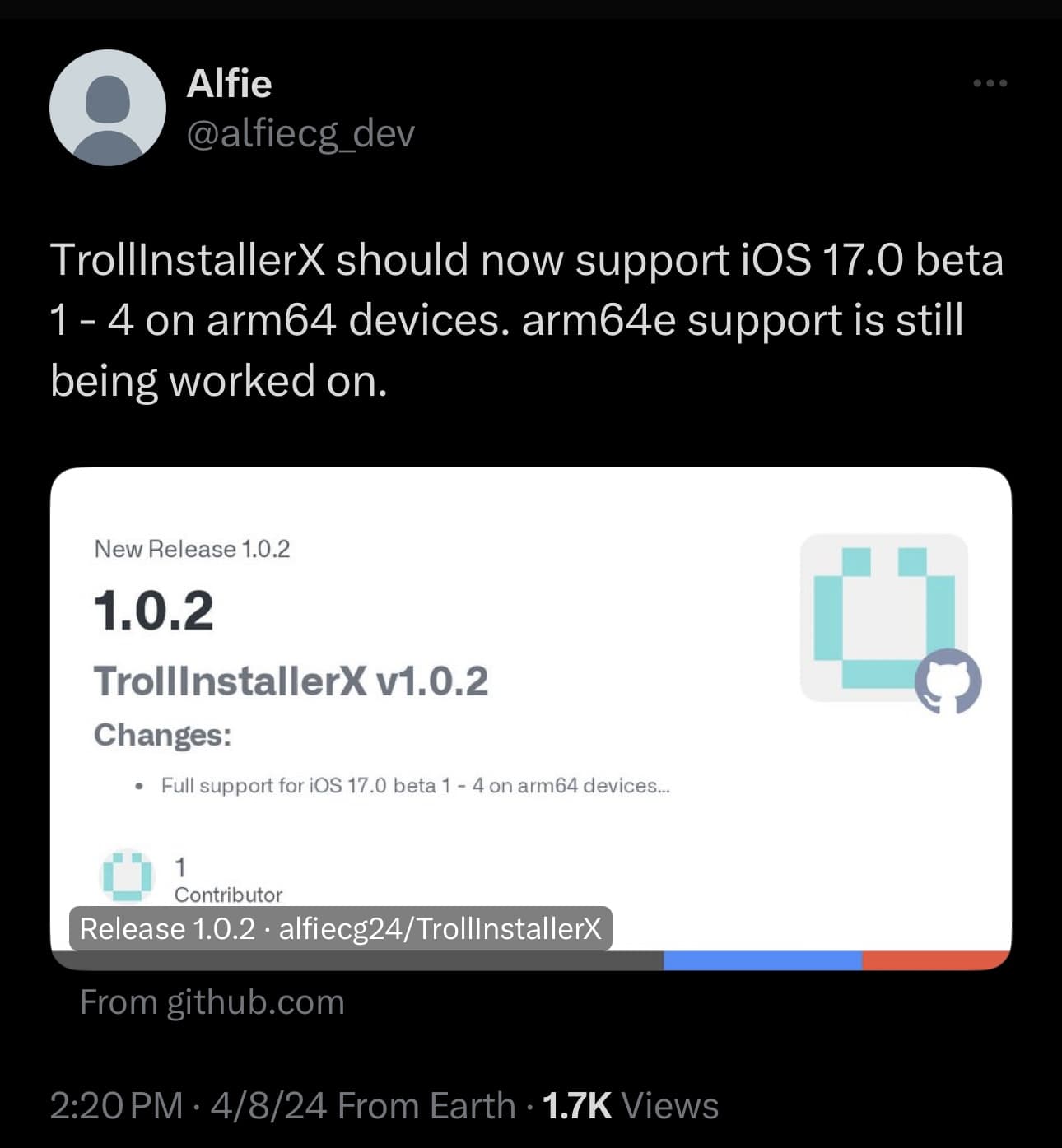 TrollInstallerX v1.0.2 released.