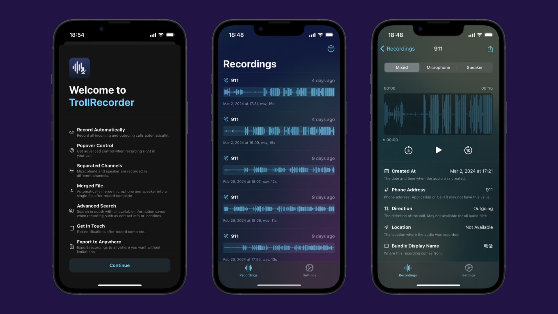 Screenshots of the TrollRecorder application.