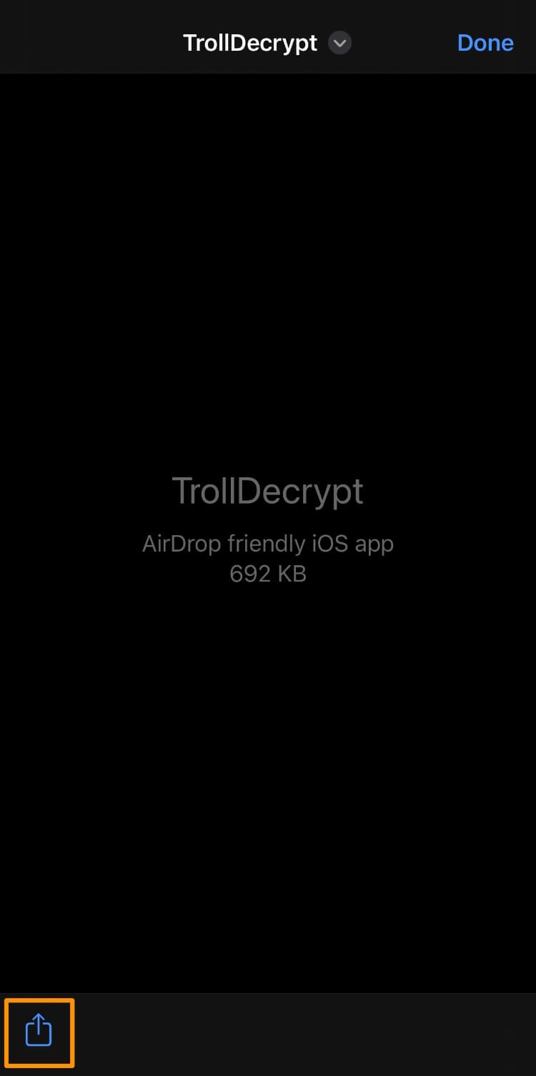 TrollStore Lite Downloaded item Share button.