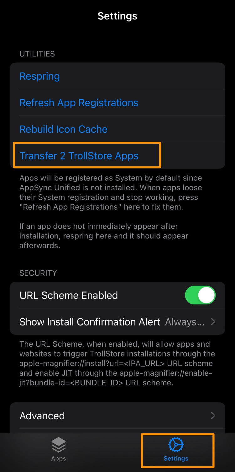 TrollStore Lite Transfer TrollStore Apps Button.