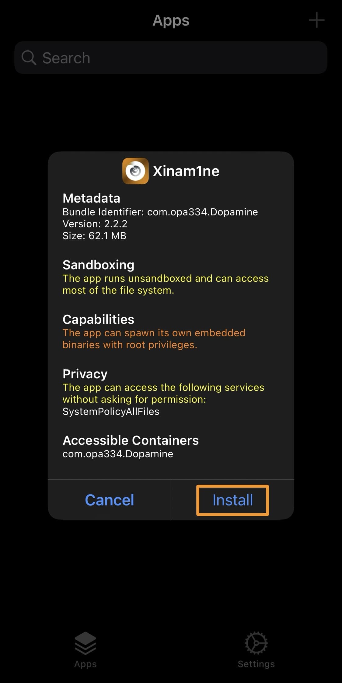 TrollStore Xinam1ine prompt to install.