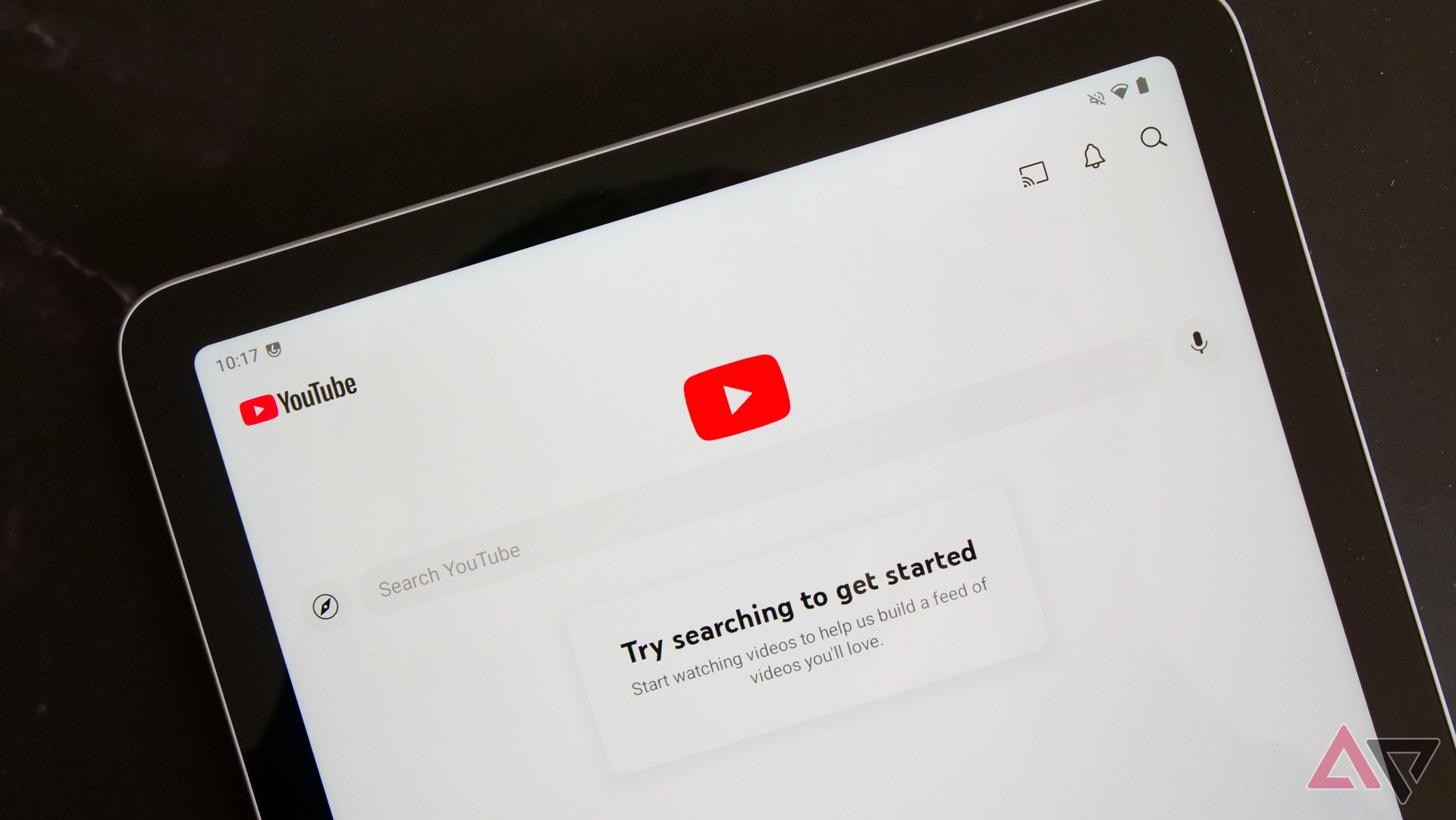 The YouTube search page on a deGoogled Pixel Tablet.