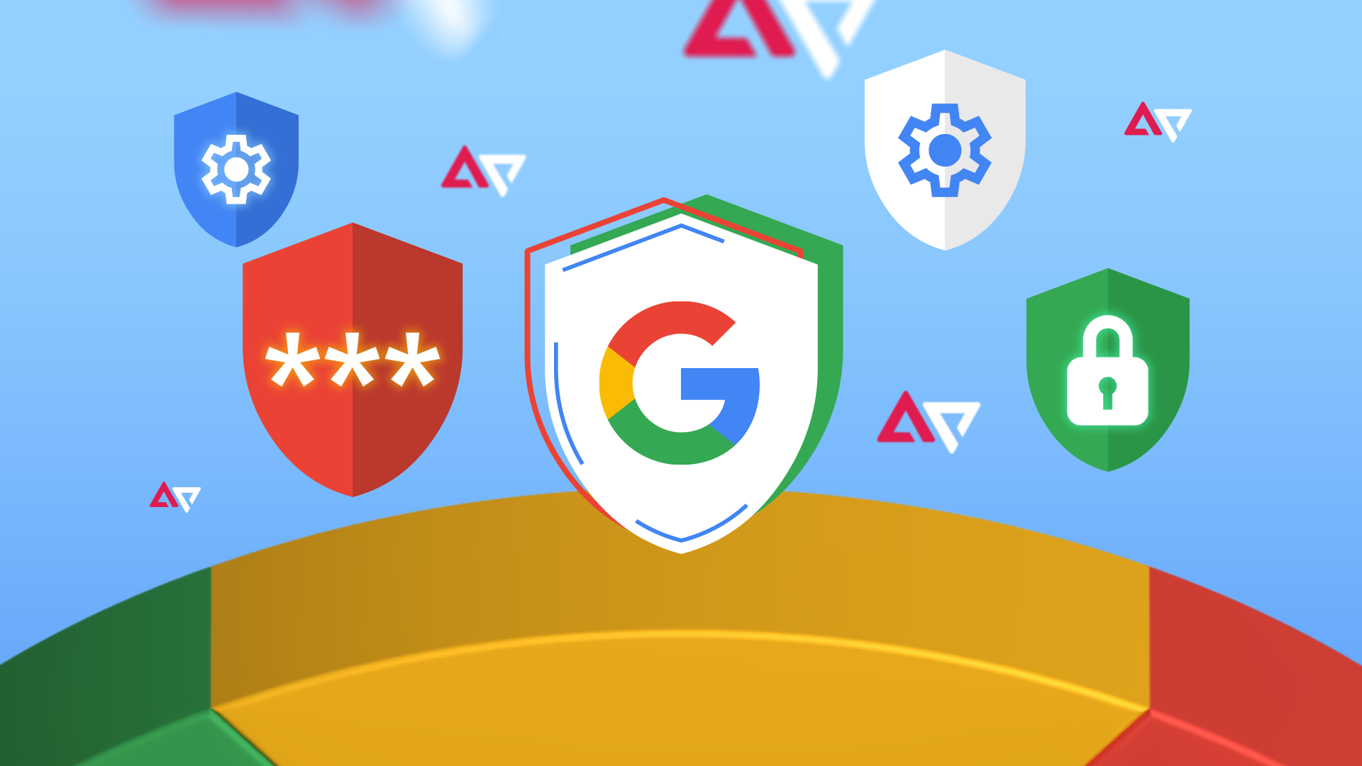 Illustration of some shields with the Google logo, padlock, password, and settings icons