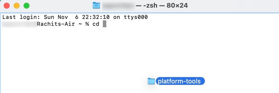 Dragging the platform-tools folder onto the Mac Terminal