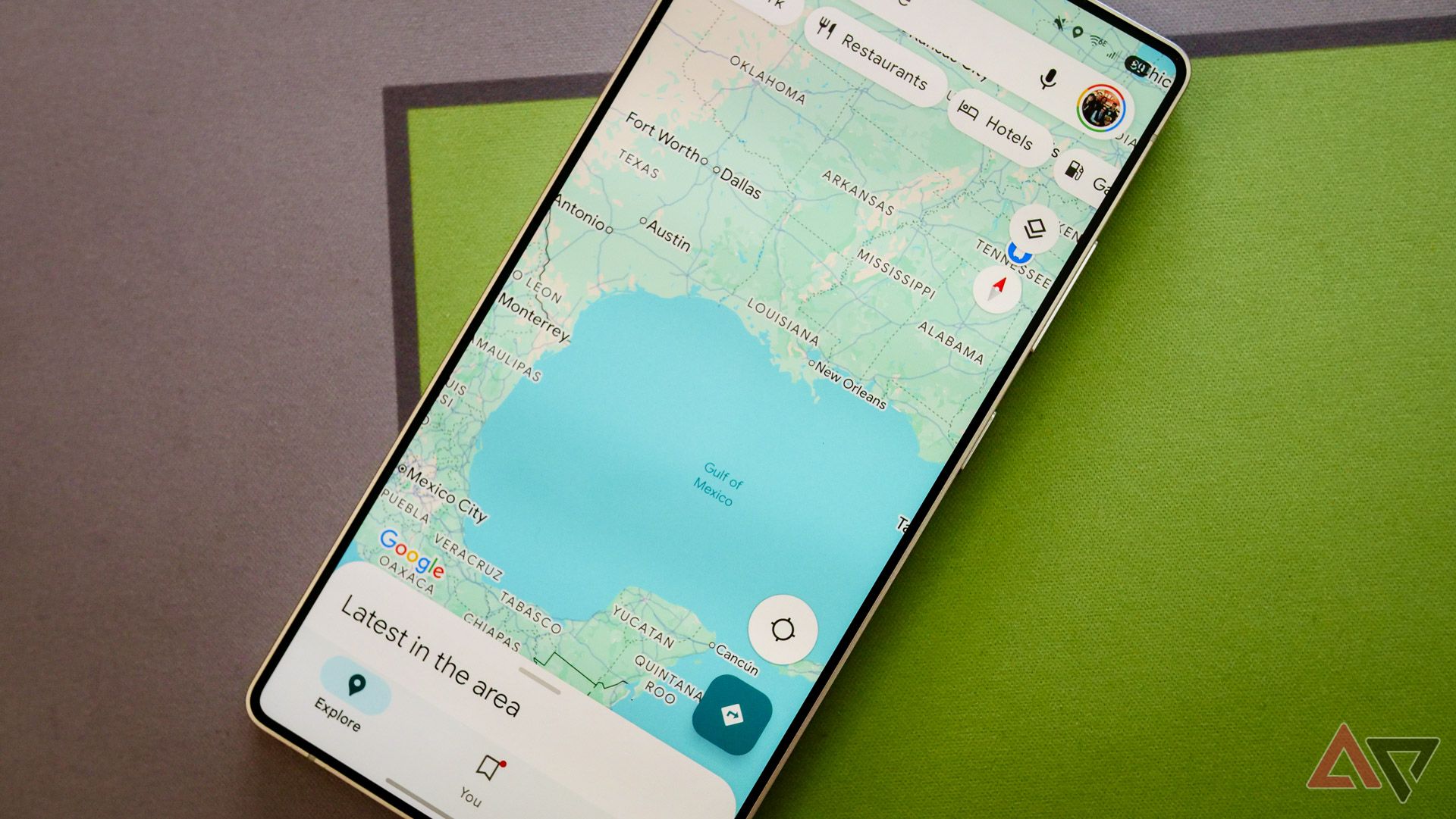 Google Maps on a Galaxy S25 Ultra showing the Gulf of Mexico