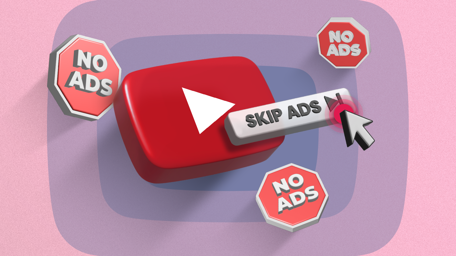 Illustration of the YouTube logo with a cursor on the skip ads button.