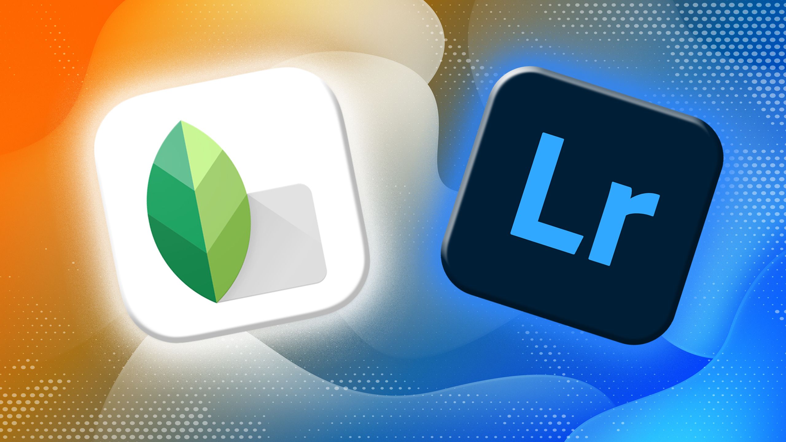 Snapseed and Lightroom mobile app logos overlaid on a blue and orange background