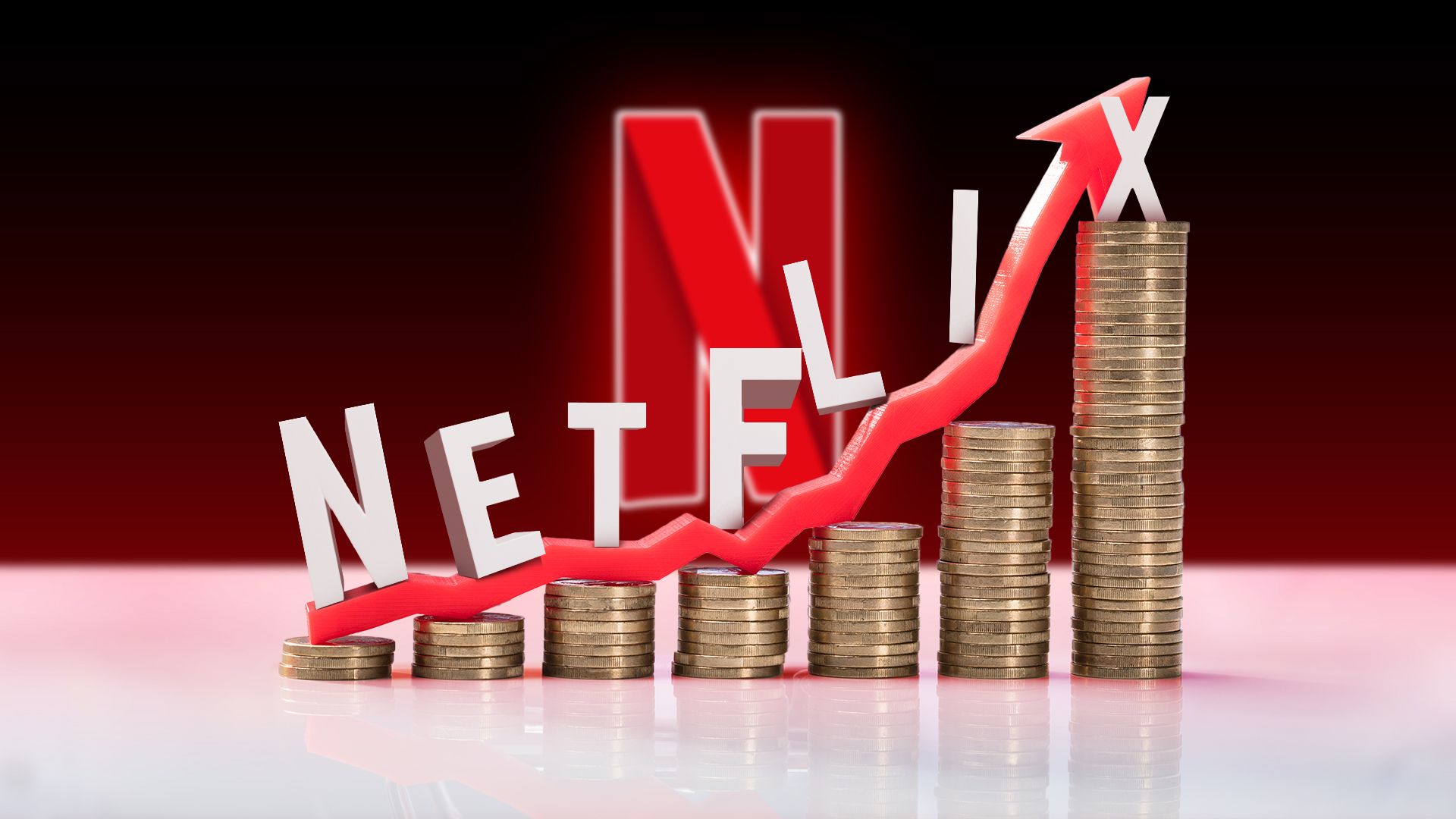 Some coins with a rising graph, 'Netflix' written above the coins, and the logo in the background.