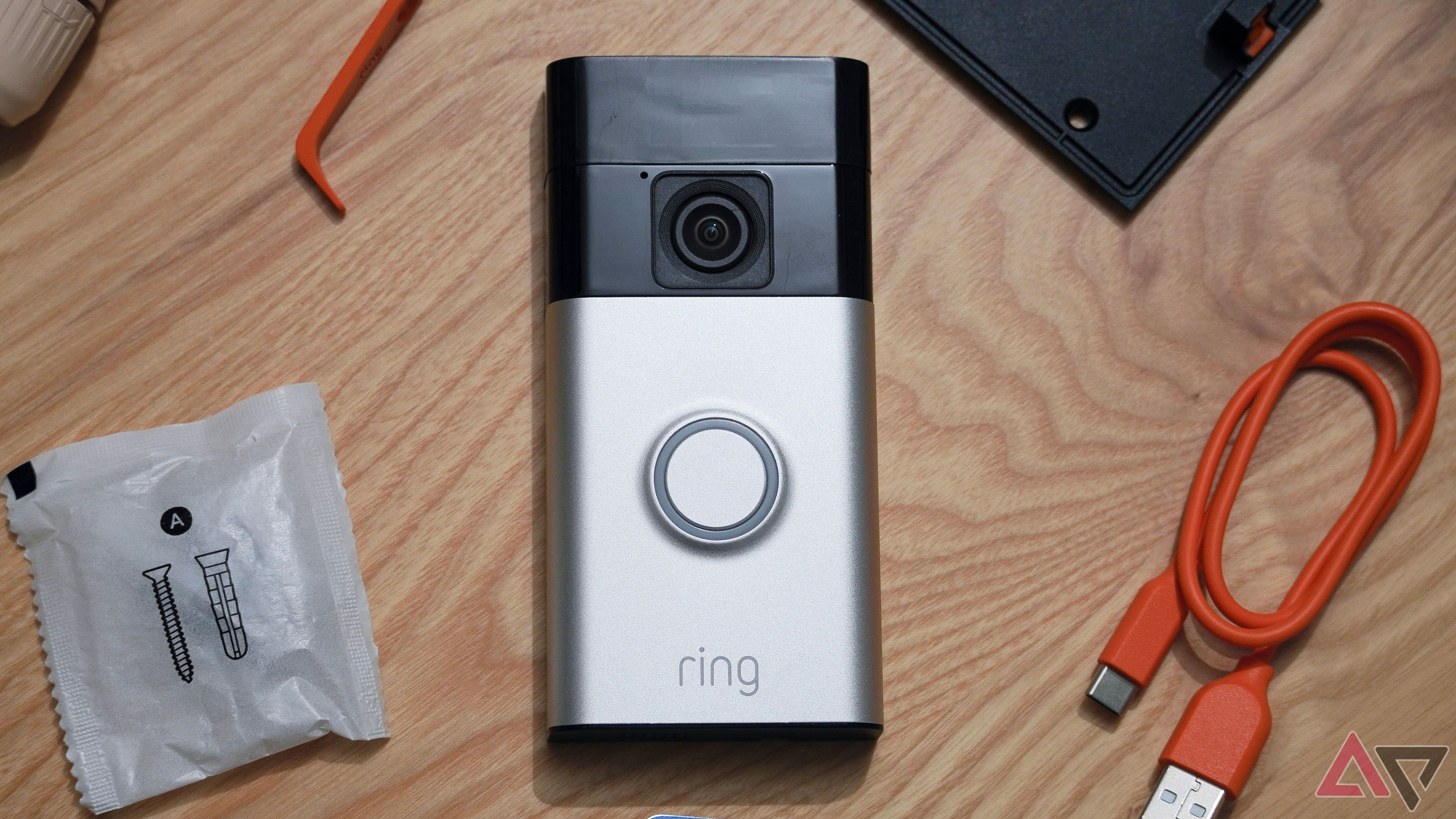 A top-down shot of the Ring Battery Doorbell and what's in the box.